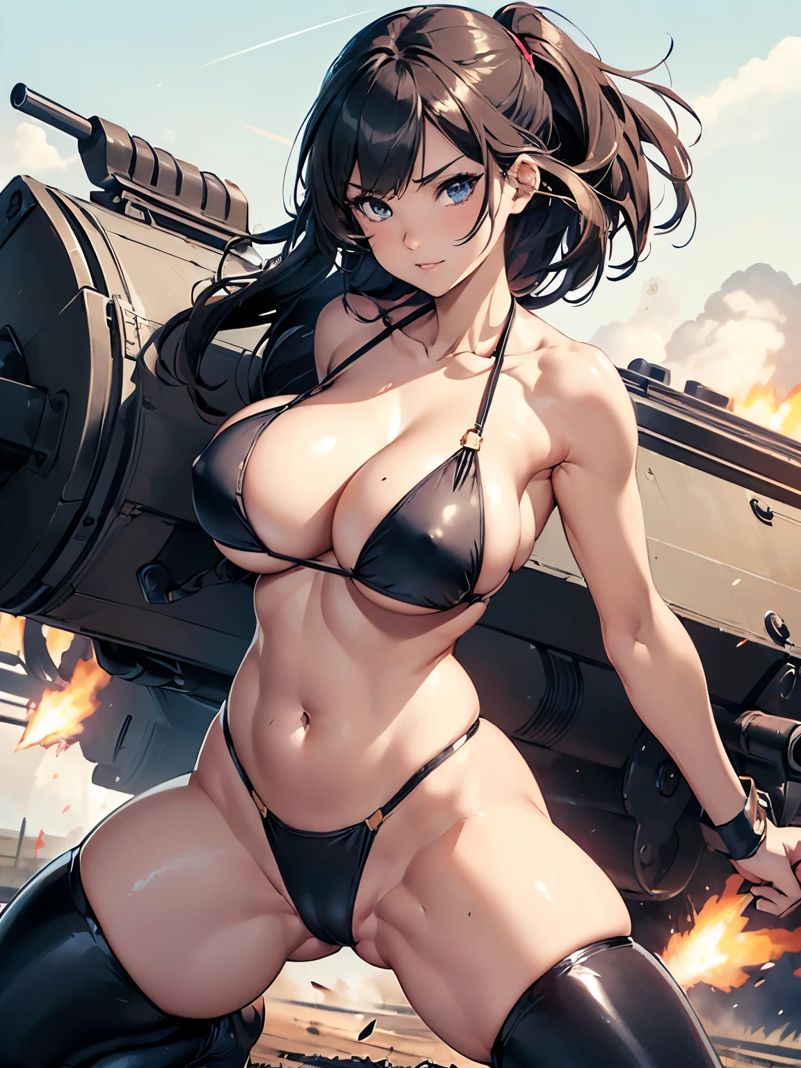 ((1 lady))、((Being in battle field:1.4))、ultra-detailliert, Top image quality, digitial illustration, Seductive Anime Girl, Glossy realistic skin texture、Meticulously drawn hair, Meticulously drawn eye, Sharp Focus, Precise human body structure、Smooth texture、((Combative posing:1.5)), ((fighting stance:1.2))、((dynamism:1.3))、((dynamic angle:1.2))、((Hover effect:1.4))、from above、((Holding a big Heavy artillery:1.4, armament:1.3))、((bazooka and gatling gun and rocket launcher))、seductive smile、((latex micro bikini:1.3 crop top:1.3))、((sleeveless))、((collarless))、((cleavage:1.3))、((crop top navel))、((highleg:1.3))、((huge breasts:1.4))、((huge hip:1.3))、((thick thighs))、curvy、((collarbone))、((cameltoe))、full body