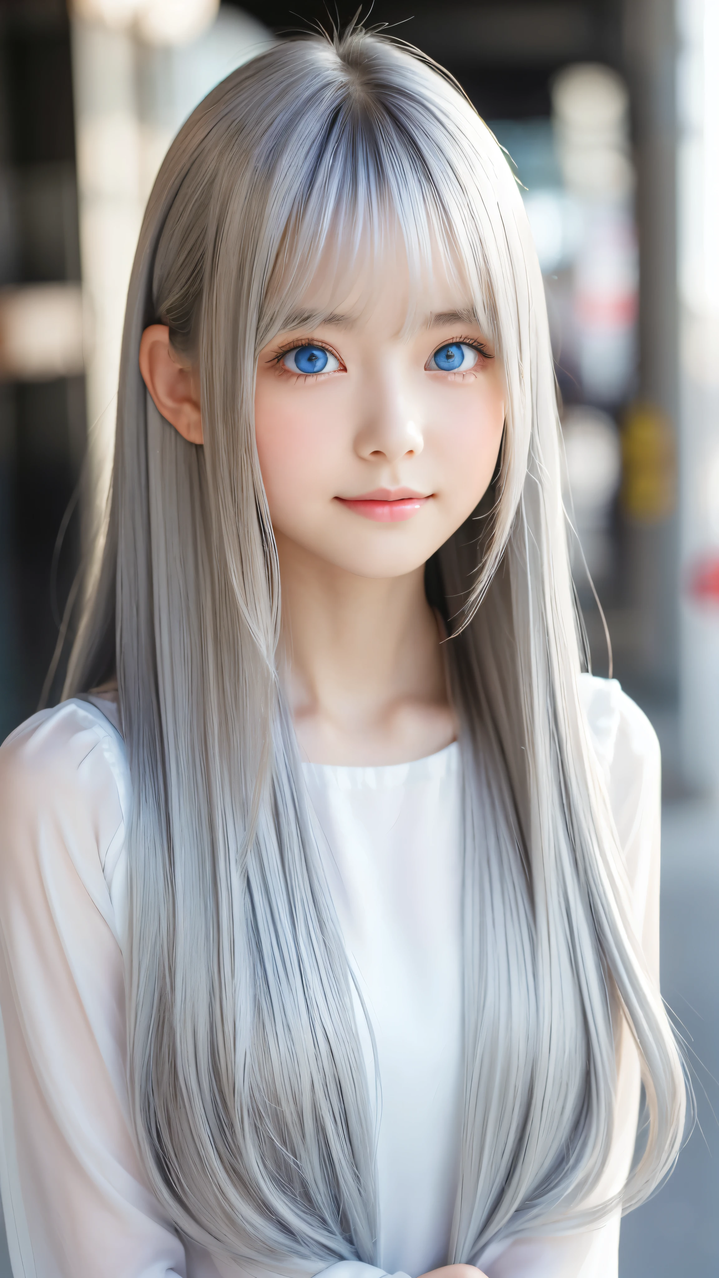 Shining, clear, white skin、Her windblown silver hair hides her beautiful face.、huge、28 years old cute sexy little beautiful face、Beautiful straight hair that stands out、growing up, Sparkling light blue eyes、long silky bangs that cover cute eyes, Sexy and cute young woman with super long hair hiding her sexy face、shining silver hair