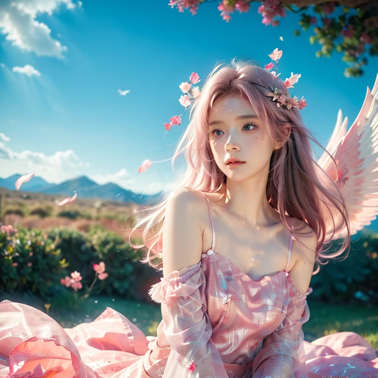 Light pink hair, Pink Eyes, Pink and white, Vibrant colors, Paint Splash, Wavy long hair,angel, Many feathers fluttering、Large wings from the latissimus dorsi、Above the Clouds ,highest quality, masterpiece, Ultra-high resolution, (Realistic:1.4), RAW Photos, One girl, Off the shoulder, Modest,