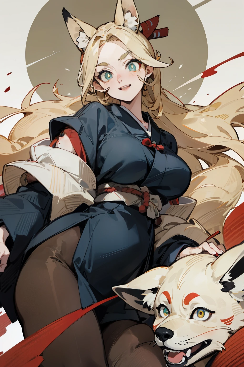 (Fox ears), Exquisite eyes, blond，Facial details, Red Eyeshadow, Fake laugh, Ukiyo-e, masterpiece, high quality, at the lowest limit, Large Breasts，Black pantyhose,solo