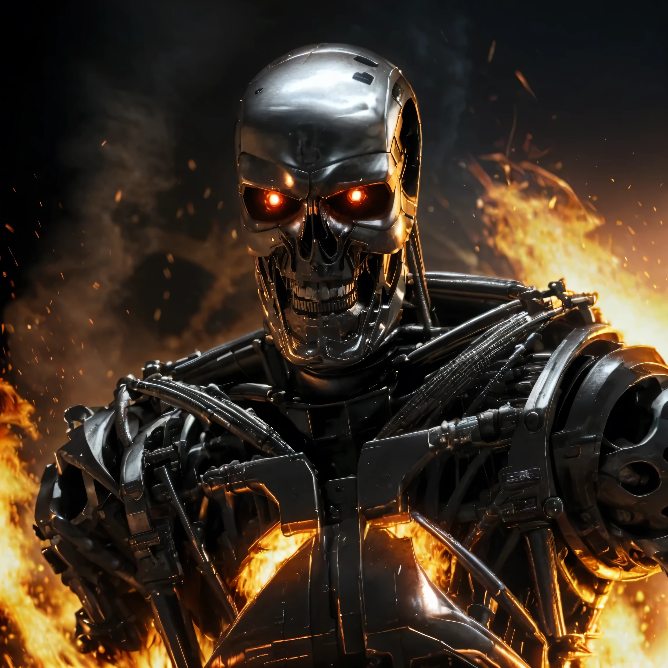 ((Realistisch, best quality, Meisterwerk: 1.3)), terminator, t-800, skeleton, red eyes, close up face, dark atmosphere, movie poster, cd cover, cinematic view, inferno, sparks, smoke, upper body, dark, apokalypse, hell, explosions, album cover look,