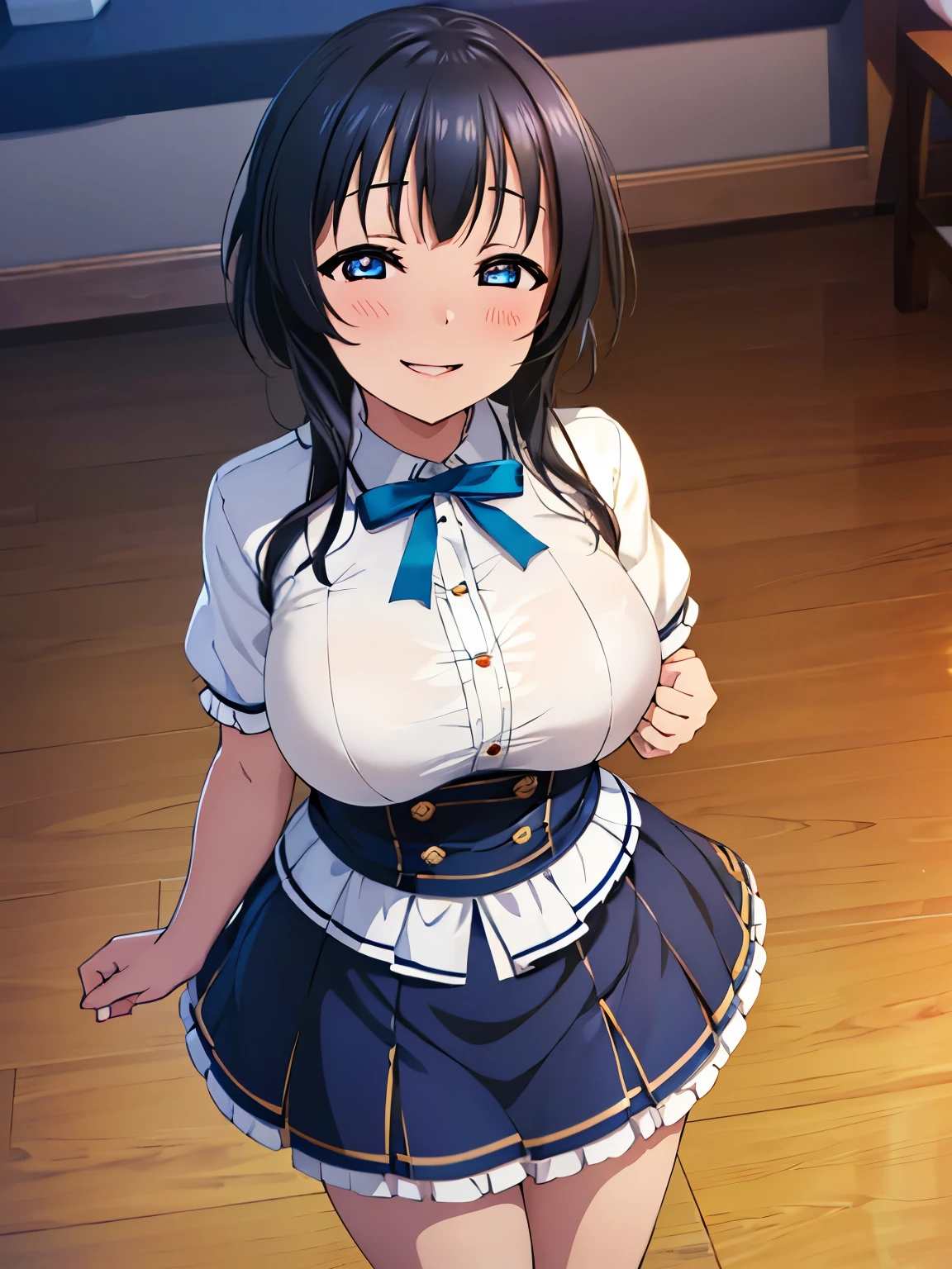 (8k, highest quality, masterpiece:1.2),High quality CG Unity 8k Large file size,Very detailed,High resolution,Beautiful Eyes,Ray Tracing,Hyper Detail,(1 girl), anime, Perfect body, 

asaka karin, white shirt, blue ribbon, black skirt, 
huge breast, 

smile, blush, Being drunk, 
Background, 