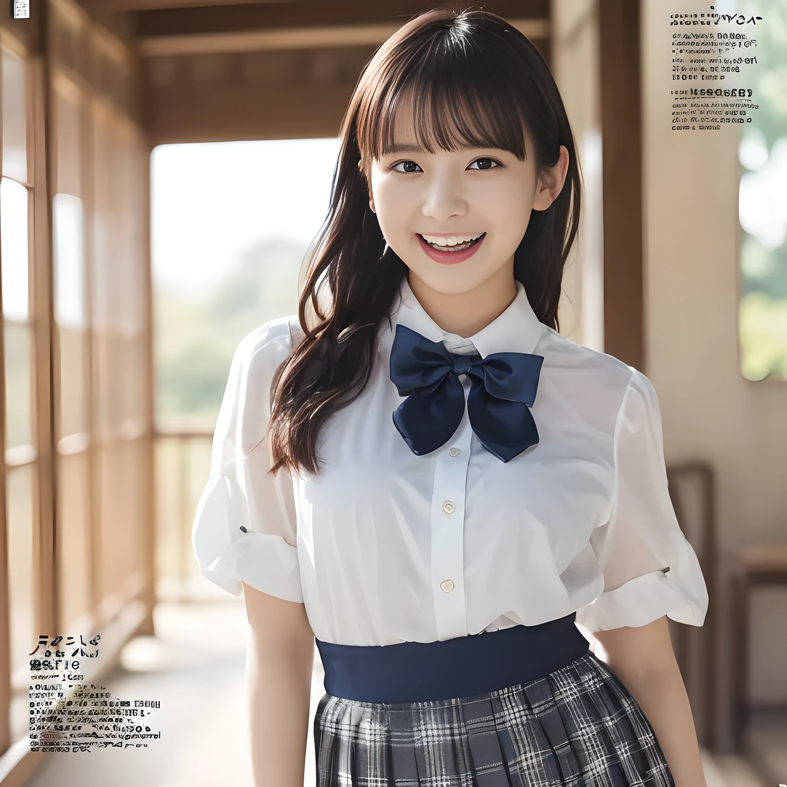 (highest quality、masterpiece:1.2)、highest quality、Realistic、photograph、High resolution、1080p、8K、Translucent white skin, Physical Rendering、((Height: 155cm)), one Japanese girl、((((((16 year old beautiful Japanese magazine fashion model looking at the viewer)))))), school summer uniform, (((big very detailed beautiful dark brown eyes))), ((((impressive plain navy large school ribbon bow tie in plain)))), ((((black very beautiful and very very long straight straight hair)))), ((((A light gray box-pleated box-pleated skirt)))), ((A yellow ivory colored blouse with puffed short sleeves and frills)), (((((((laughing cutely and looking at me!))))))), detailed fingers, (((curled blunt bangs))), ((Very large and cute eyes, carefully drawn with great attention to detail)), ((double eyelids)), (((long eyelashes))), ((cute lovely lovely laughing laughing cheeks)), ((Pure white light hits her face from above and in the front, making her skin and eyes shine beautifully.)), ((Strong light hits the nose and cheeks、It brings out the richness of the expression.)), ((The skirt is very cute)), (((((Her facial features are very expressive lovely smile, very very cute, very very intelligent.))))), (((Shooting from the side)))