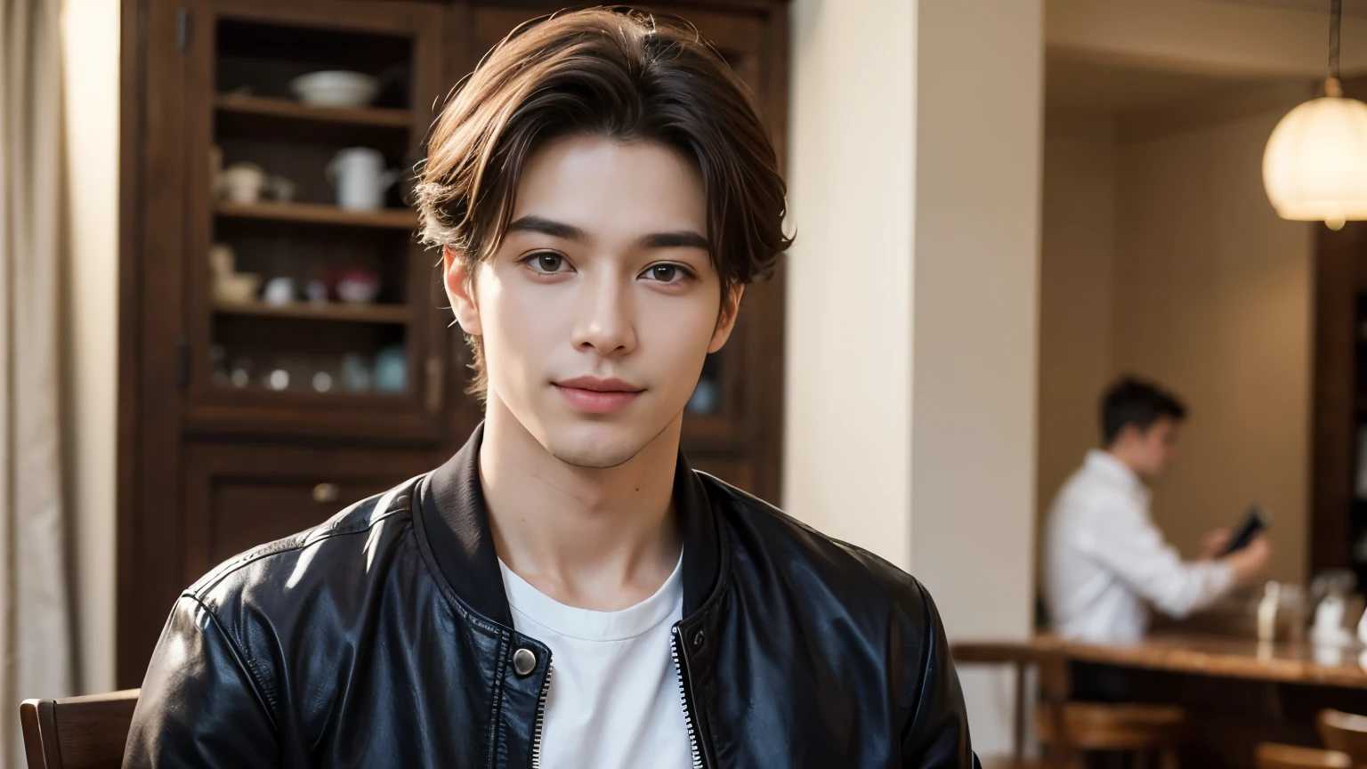 super high quality, Slender, The staff is working at the counter in the back., (8k、RAW Photos、highest quality、masterpiece:1.2), (Realistic、Photorealistic:1.37), Beautiful Face , Mesh Hair, Golden Ratio, Raw photo, Light Brown Hair, Blurred Background, Spring Clothes, Cafe with a calm atmosphere, Well-designed furniture, Handsome S-class boys, Super cool S-class boys, Handsome guy, Loose Palmer, Beautiful hairstyle, Jacket, A kind smile, 40 years old,