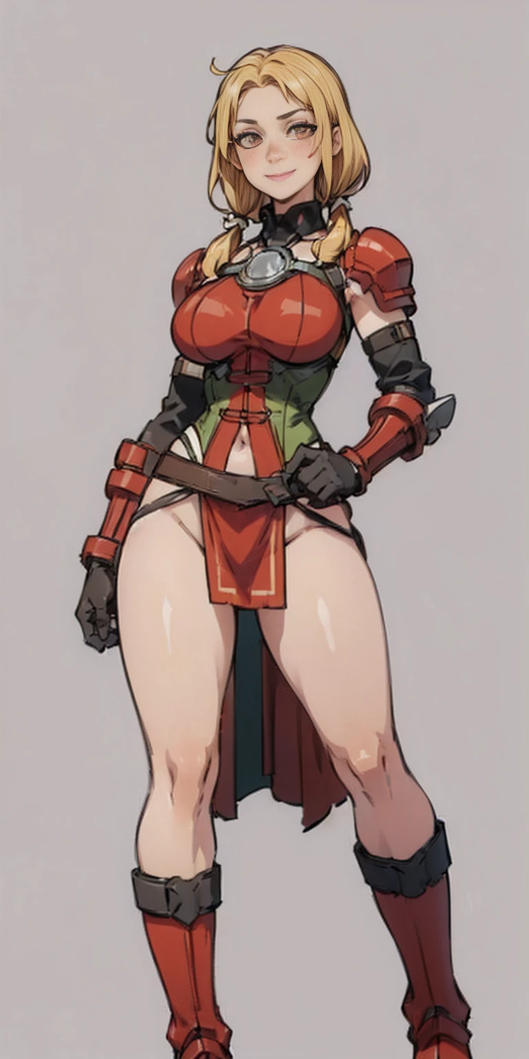 ((Plain background 1:2)) (Cammy White Street Fighter 6) Female full body standing straight symmetrical, (breastplate, choker, bracers, handcuffs, shackles, rerebrace, armored, high boots bootstraps, shoulder armor, faulds, poleyn, gloves, gauntlets), lustful smirking smile face red blushed red cheeks, (hands (clenching) on hips), loincloth, pinched eyes, (big-:1.5) thin legs, thin body, leather collar, view from below, wide hips