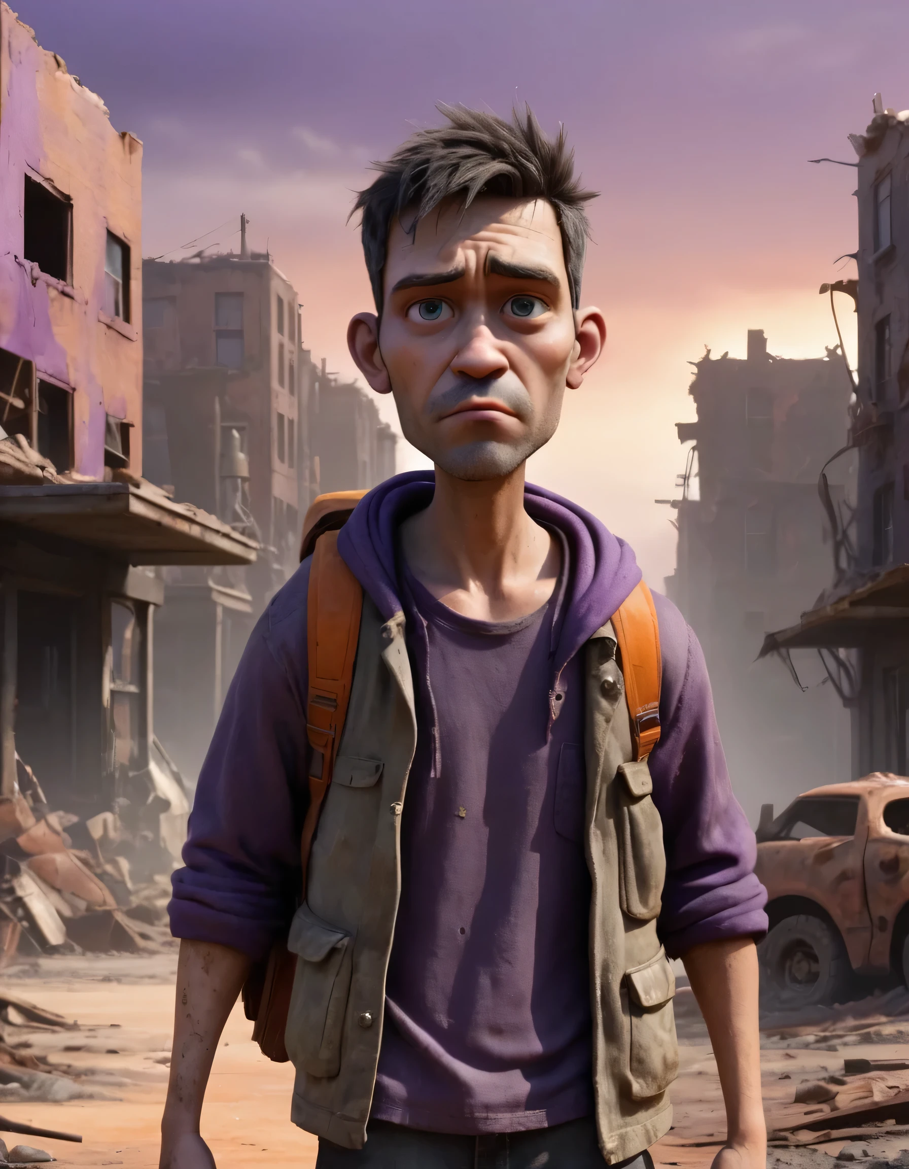 "Create a Disney Pixar-style 3D animation depicting a half-length portrait of a man navigating a post-apocalyptic world... I should be dressed in dirty clothes., ropa andrajosa, with a cloth covering his mouth and nose. Behind him, retratar ruinas de edificios y casas, calles cubiertas de arena, and destroyed vehicles, contra un cielo oscuro con tonos morados y naranjas. Make sure the background is very blurred to accentuate the character.. The scene should radiate a vivid and vivid atmosphere., with warm color tones that add depth to the post-apocalyptic setting."