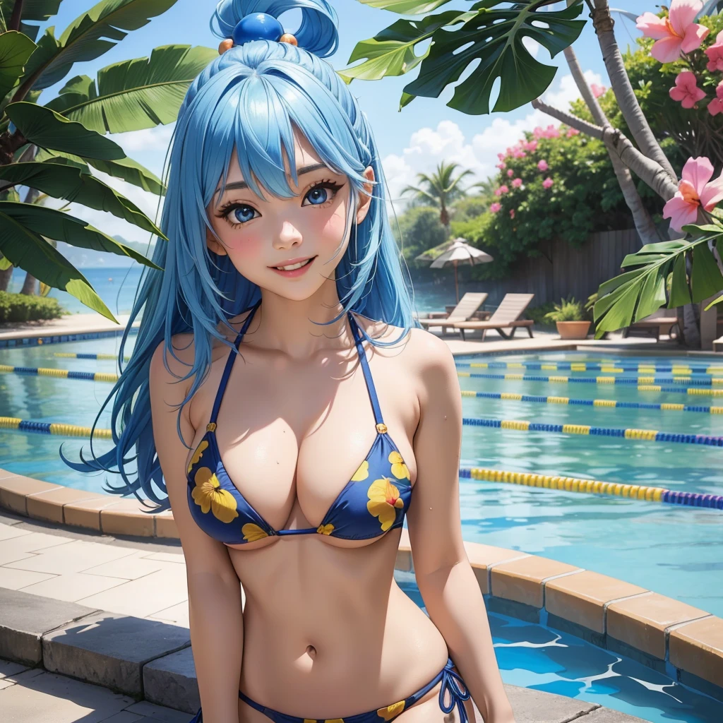 girl、(((one person)))、(Tropical print bikini:1.3、Face Enhancement:1.3, )、、Detailed Hair、Blue Hair、upper body、highest quality、Super detailed、Very detailed、Detailed Background、C cup bust、A light smile、Competition Pool