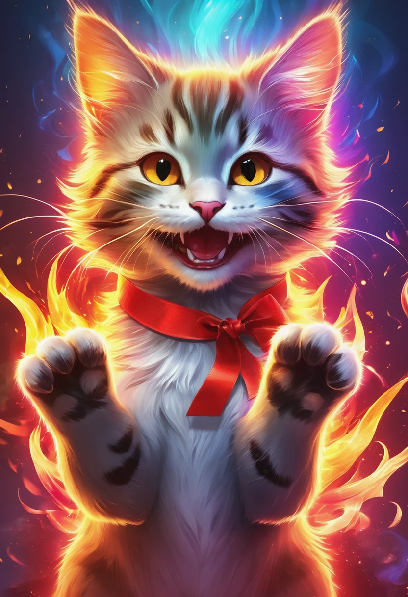 High resolution, masterpiece, 16k, CG, Crazy smiling cat, Colorful flames emerge from only both palms. Red ribbon around the neck Space