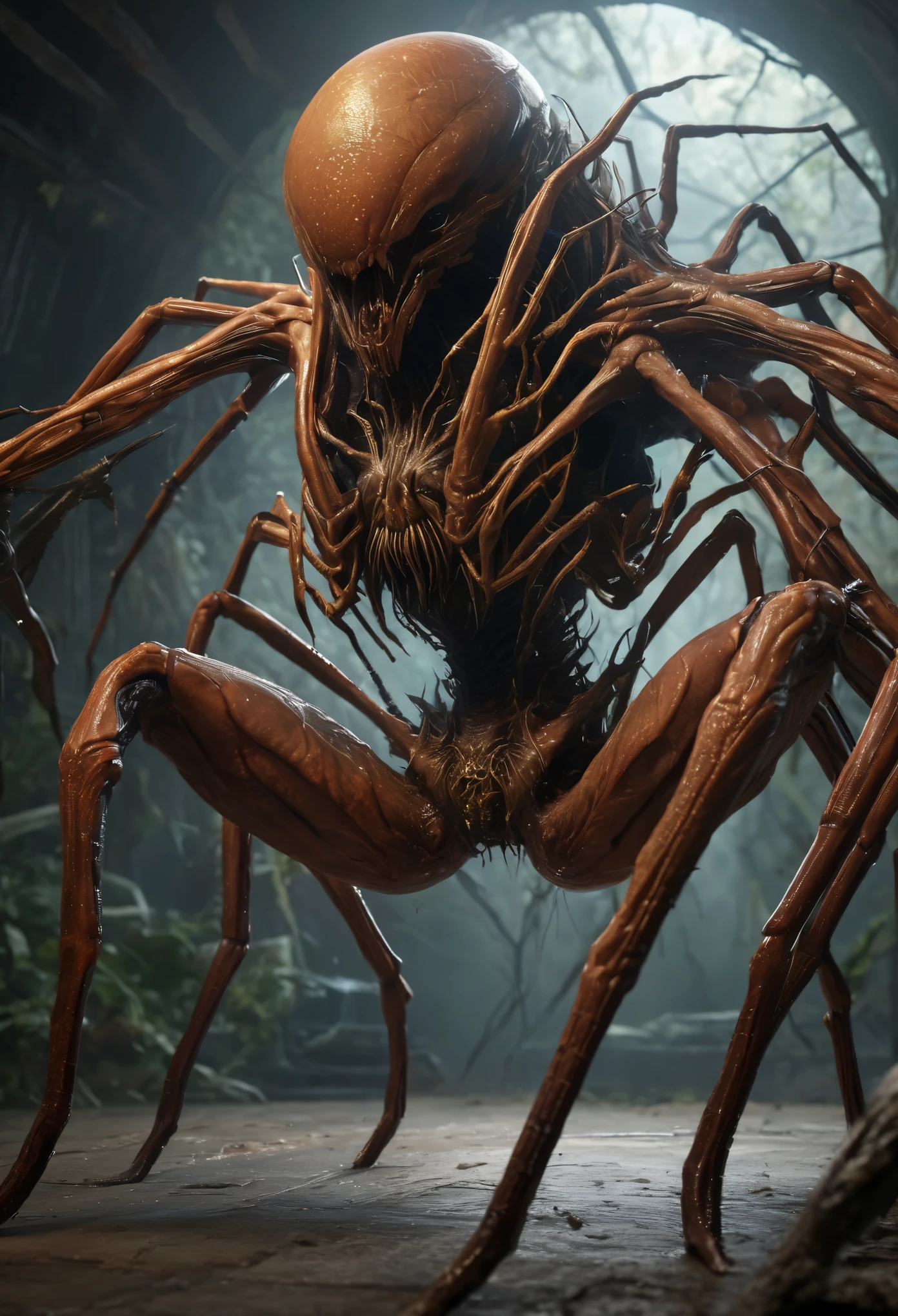 (best quality,4k,8k,highres,masterpiece:1.2),ultra-detailed,realistic,photorealistic:1.37,this creature, a terrifying fusion of spider and human female with six arms, embodies a grotesque harmony of two distinct forms. Its upper body retains the unmistakable features of a woman, albeit distorted by the merging process. its eyes gleam with a sinister intelligence, more arachnid than human.

From the torso sprout four additional limbs, elongated and jointed like a spider's, yet retaining a disturbingly human fleshiness. These arms are equipped with fingers that end in sharp, chitinous claws, capable of rending flesh with ease.

The lower body is a fusion of spider and human anatomy, with the abdomen stretching out behind like that of a monstrous arachnid. Jagged spines protrude from its exoskeleton, each one a reminder of its unnatural origins. The legs, a grotesque combination of human thighs and spider's hairy appendages, provide both agility and strength, enabling it to skitter across surfaces with alarming speed and grace.

In its presence, one cannot help but feel a primal fear, as if staring into the abyss where human and arachnid merge to create a nightmare incarnate.