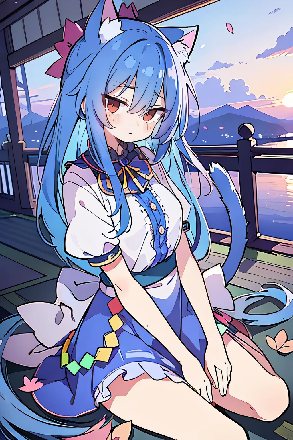 (masterpiece:1.2),Super detailed,Practical,expressive eyes,Fair skin,Perfect face shaping,1 Girl,
Japanese cartoons,Gorgeous blue hair, the long flowing blue hair,Floating clothes,Cat ears,Petals falling,beautiful lola,Young Angel,
Hands on waist,sit elegantly on the ground,Cross your legs,Gentle and peaceful background,Cool and cozy pavilion,Sunset,