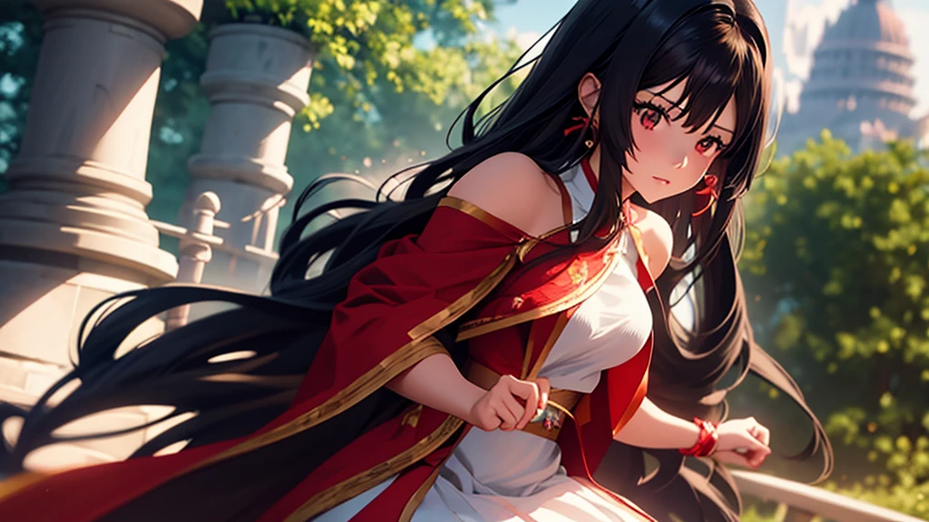 anime girl in a red and white dress with long black hair, anime visual of a cute girl, anime moe artstyle, as an anime character, anime best girl, rei hino as a princess, anime visual of a young woman, reimu hakurei, female anime character, sui ishida with black hair, hanayamata, ayaka genshin impact