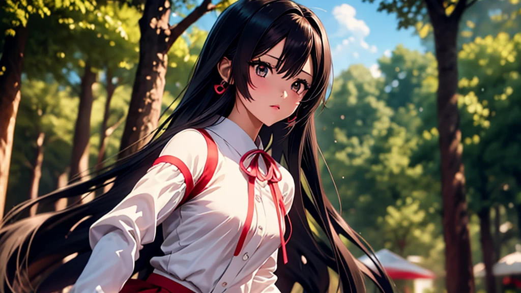 anime girl in a red and white dress with long black hair, anime visual of a cute girl, anime moe artstyle, as an anime character, anime best girl, rei hino as a princess, anime visual of a young woman, reimu hakurei, female anime character, sui ishida with black hair, hanayamata, ayaka genshin impact