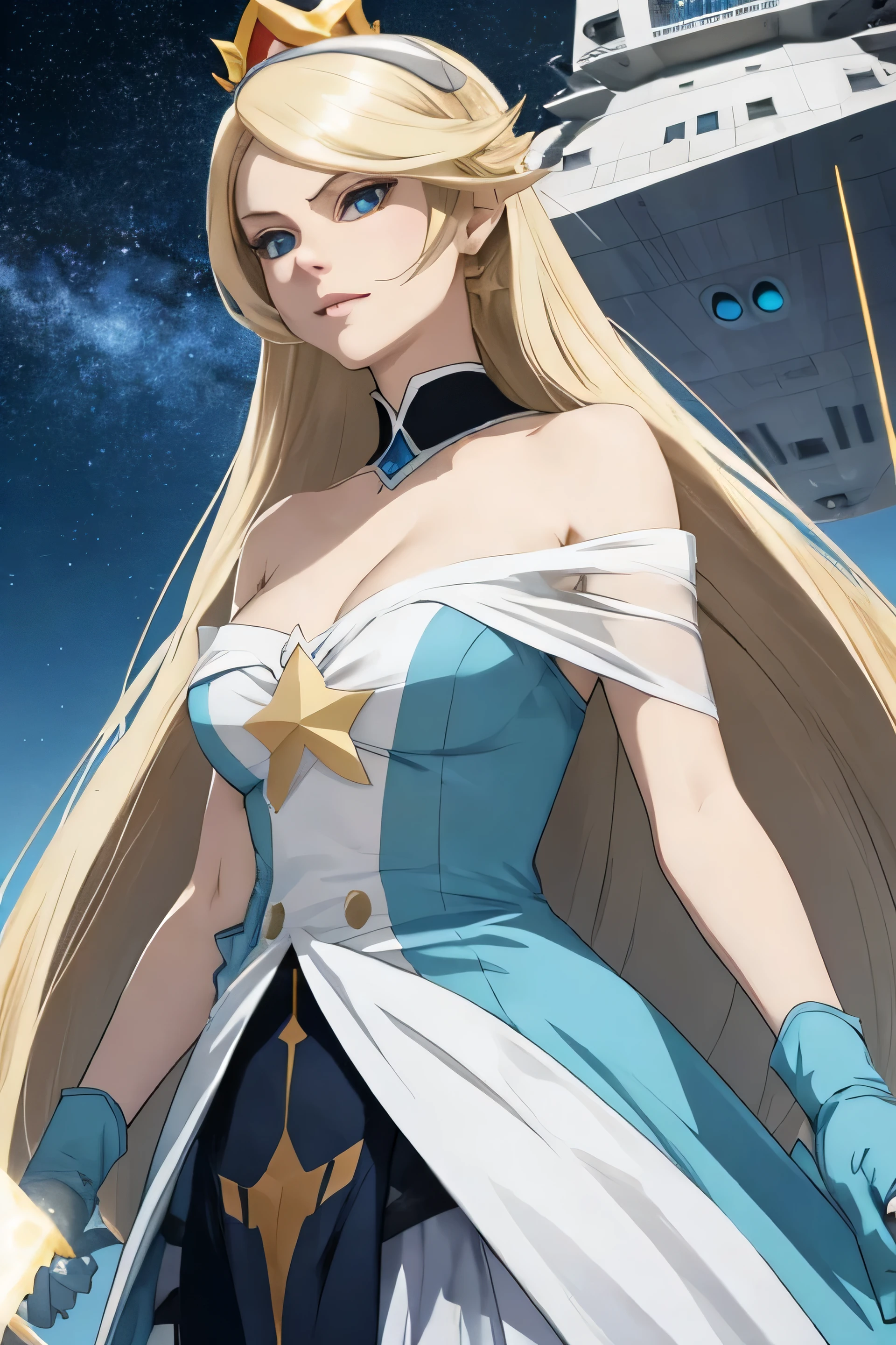 Evil rosalina in the universe with blonde hair in a costumed  from the star destroyer 