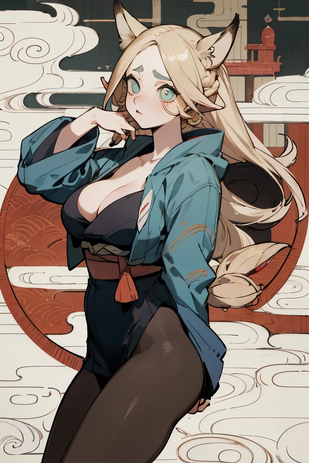 (Fox ears), Exquisite eyes, blond,Facial details, Red Eyeshadow, Ukiyo-e, masterpiece, high quality, at the lowest limit, Large Breasts,Black pantyhose,solo