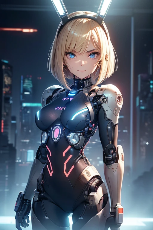 (((n.s.f.w:1.5))),((1girl in:1.5)),((cybernetic body:1.5)),(Highest image quality, excellent details, Ultra-high resolution, (Realism: 1.4), The best illustrations, favor details, One girl highly condensed,(presence:1.5),(Dynamic:1.5),(Bold:1.5)),(Thin hair:1.8),(blonde bob hair:1.5),((blue eye:1.2)),(smile:1.2) ,(mechanical bunny ears headband:1.3),the background is a high-tech lighting scene of the futuristic city, (cowboy shot),