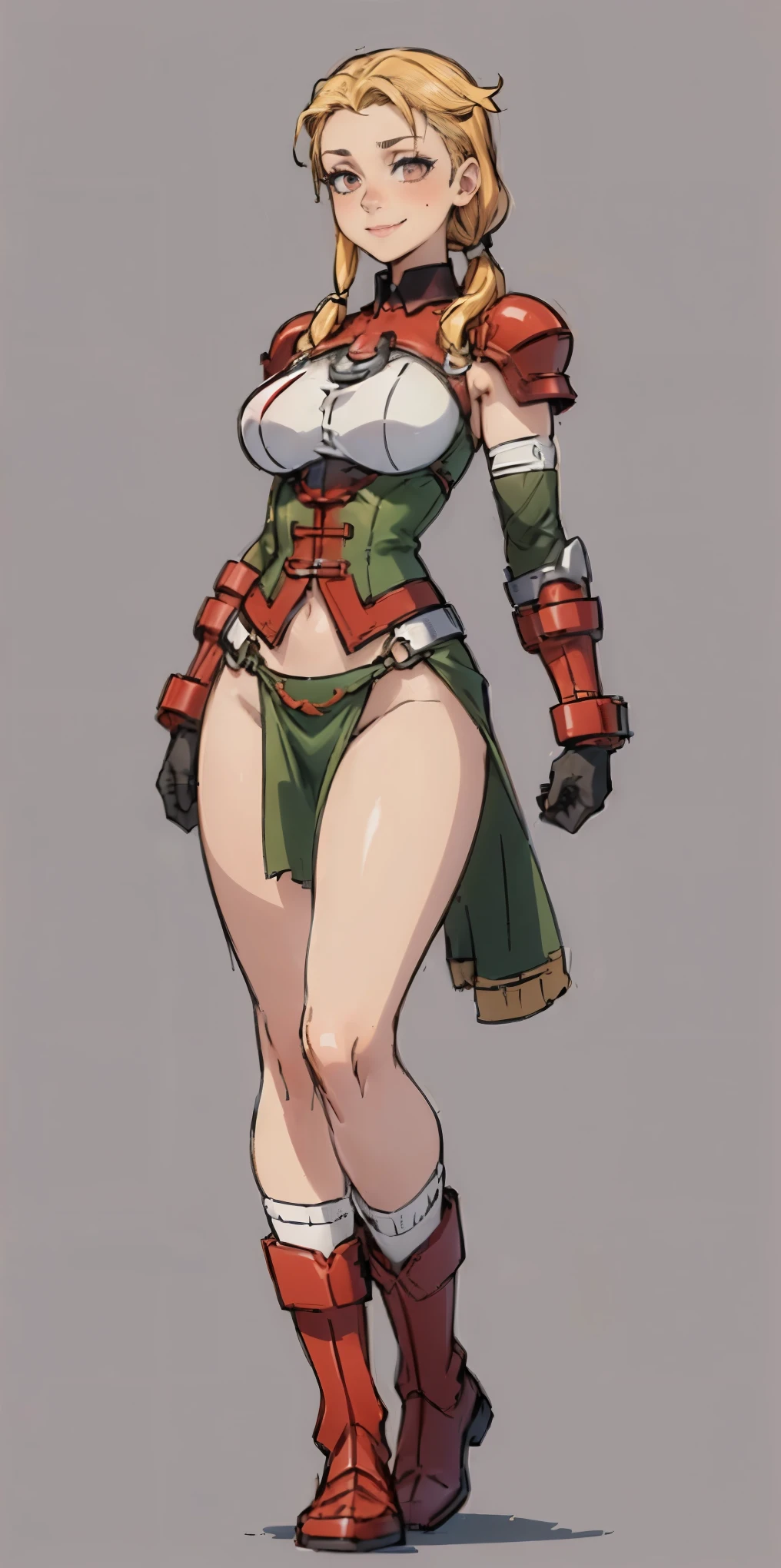 ((Plain background 1:2)) (Cammy White Street Fighter 6) Female full body standing straight symmetrical, (breastplate, choker, bracers, handcuffs, shackles, rerebrace, armored, high boots bootstraps, shoulder armor, faulds, poleyn, gloves, gauntlets), lustful smirking smile face red blushed red cheeks, (hands (clenching) on hips), loincloth, pinched eyes, (big-:1.5) thin legs, thin body, leather collar, view from below, wide hips