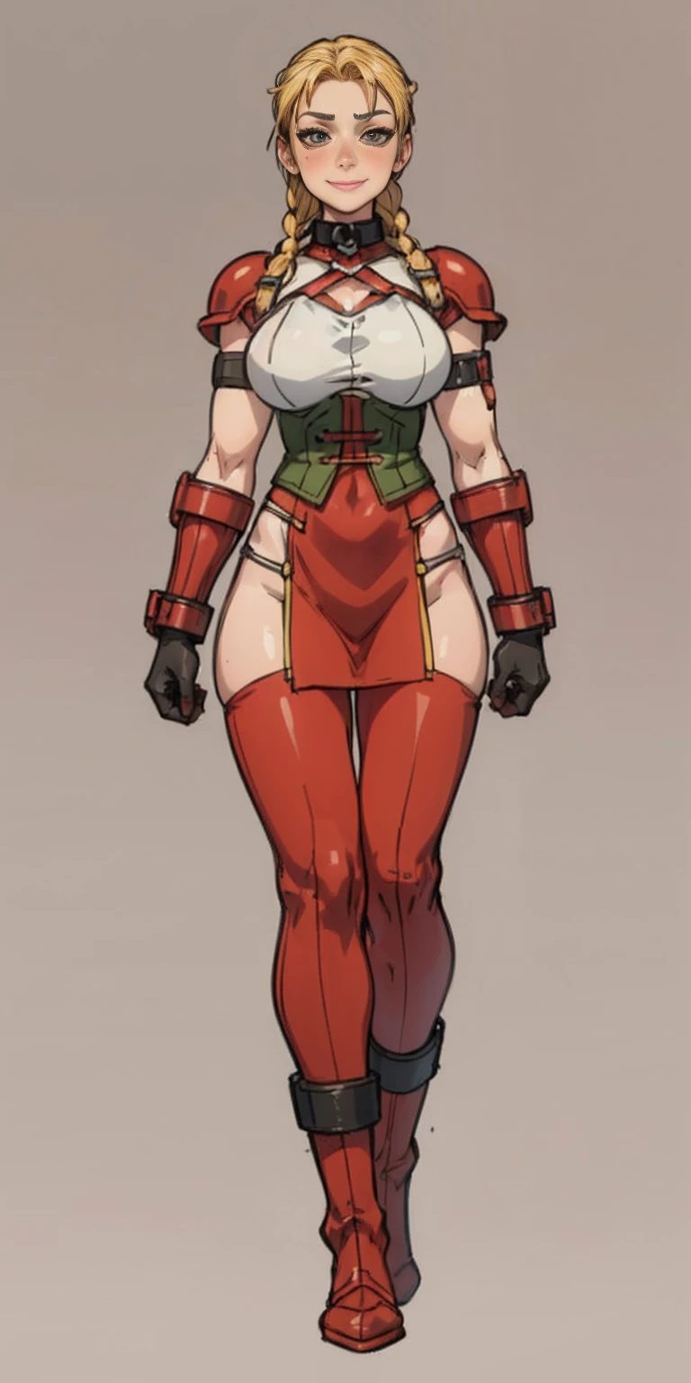 burly woman, exaggerated large muscles, skinny pants, high-heels, standing on your feet, beautiful attractive face, full body like, single female, very fair skin, thin waist, ((Plain background 1:2)) (Cammy White Street Fighter 6) Female full body standing straight symmetrical, (breastplate, choker, bracers, handcuffs, shackles, rerebrace, armored, high boots bootstraps, shoulder armor, faulds, poleyn, gloves, gauntlets), lustful smirking smile face red blushed red cheeks, (hands (clenching) on hips), loincloth, pinched eyes, (big-:1.5) thin legs, thin body, leather collar, view from below, wide hips