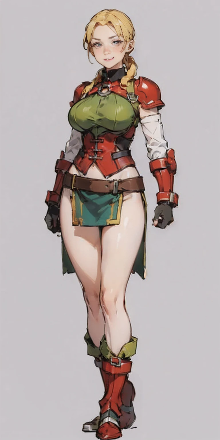 ((Plain background 1:2)) (Cammy White Street Fighter 6) Female full body standing straight symmetrical, (breastplate, choker, bracers, handcuffs, shackles, rerebrace, armored, high boots bootstraps, shoulder armor, faulds, poleyn, gloves, gauntlets), lustful smirking smile face red blushed red cheeks, (hands (clenching) on hips), loincloth, pinched eyes, (big-:1.5) thin legs, thin body, leather collar, view from below, wide hips