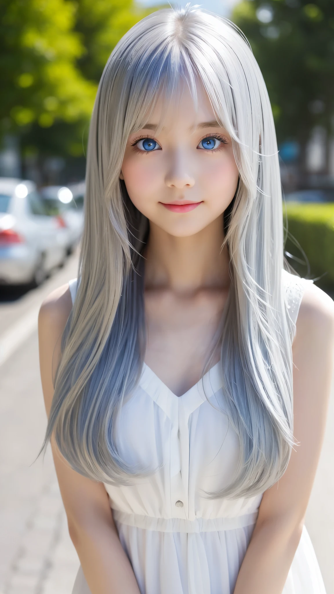 Shining, clear, white skin、Her windblown silver hair hides her beautiful face.、huge、28 years old cute sexy little beautiful face、Beautiful straight hair that stands out、growing up, Sparkling light blue eyes、long silky bangs that cover cute eyes, Sexy and cute young woman with super long hair hiding her sexy face、Shining silver hair