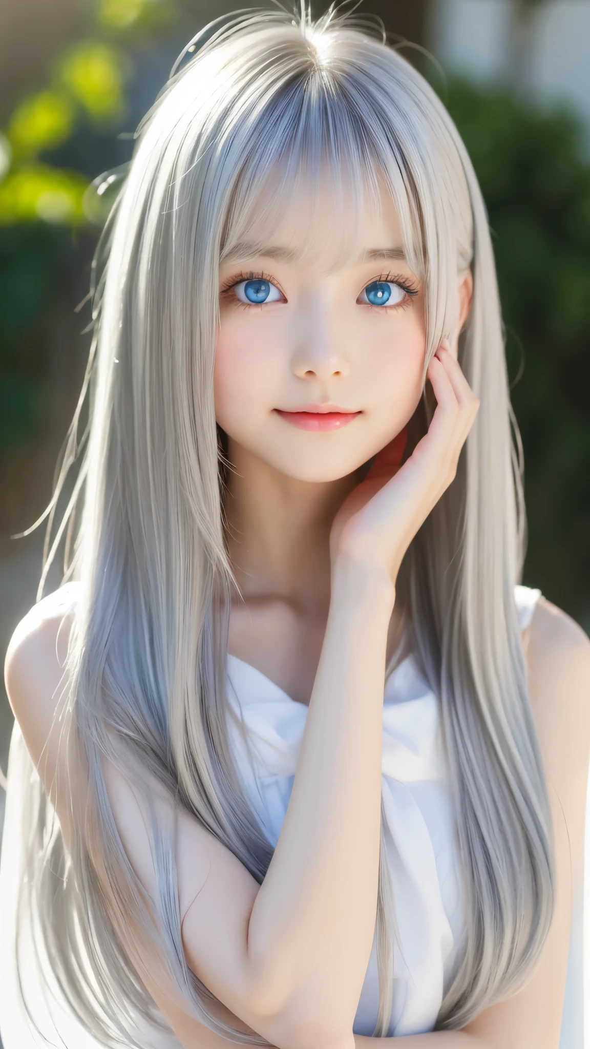 Shining, clear, white skin、Her windblown silver hair hides her beautiful face.、huge、28 years old cute sexy little beautiful face、Beautiful straight hair that stands out、growing up, Sparkling light blue eyes、long silky bangs that cover cute eyes, Sexy and cute young woman with super long hair hiding her sexy face、Shining silver hair