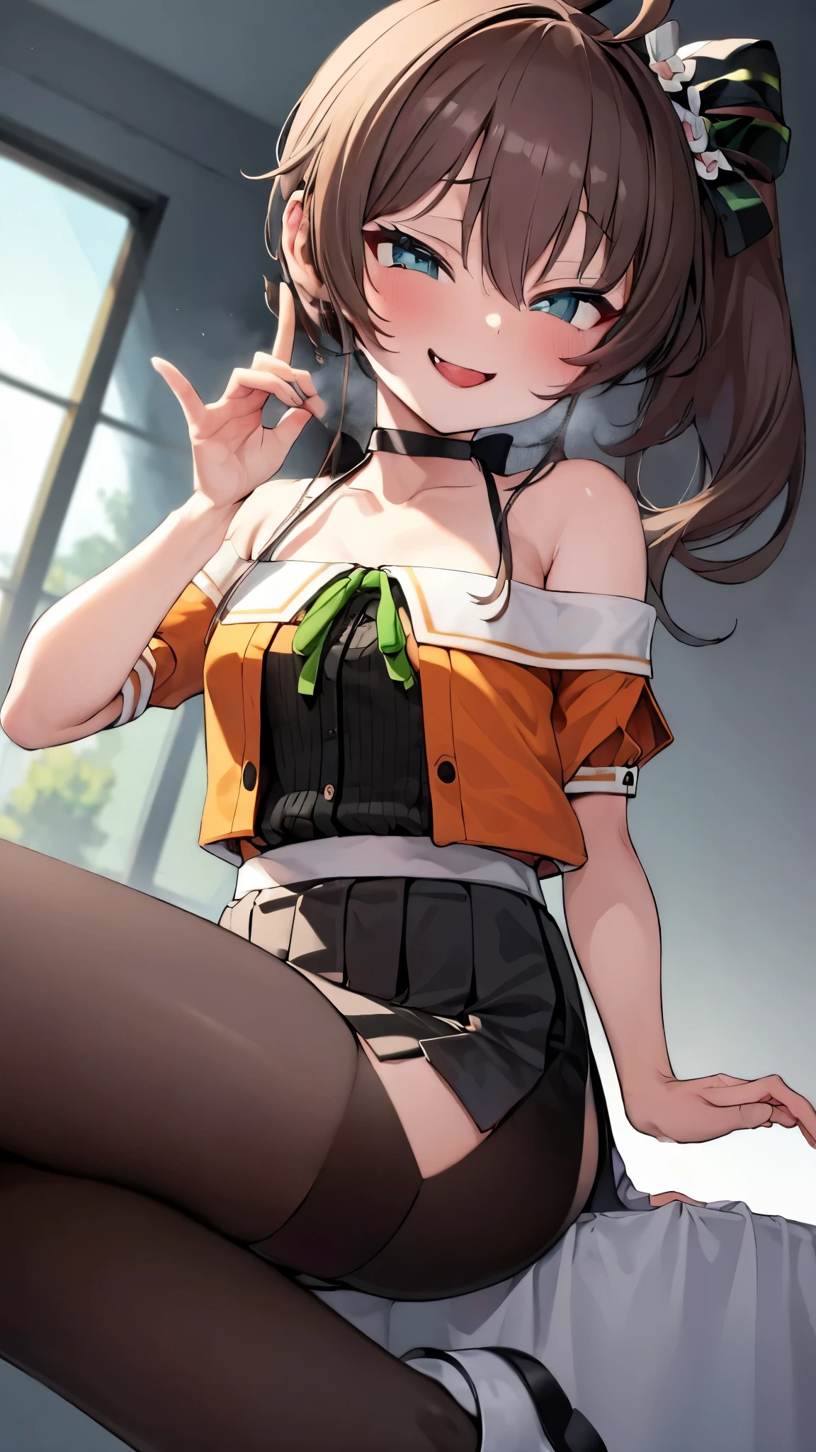  ((((Open your mouth))))、masterpiece,highest quality,High resolution,Ultra-detailed,bb Festival,meだium hair,skinny,Ahoge,Brown Hair,(((((  seductive smile ))))),skinny,Hair between the eyes,bangs,Hair Ribbon,Black Choker,Earrings,Black Ribbon,plaiだ shirt,Grey Shirt,shoulだer cutout,Short sleeve,See-through sleeves,Black Skirt,High Waist Skirt,race,(( perfect finger )) ,  shoes,(black shoes:1.4),race trim,shoes,Black footwear,Indoors,(Cafe:1.2),((Blowjob gestures:1.5))、open the mouth ,Sitting,Chair,heavy breathing ,