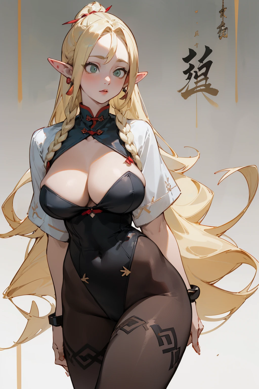 (masterpiece, best quality) detailed, Wearing black tights, silver accessories , Blonde ,elegant, Pointed ears ，Chinese element pattern，thigh，漏出thigh，Succubus，Large Breasts