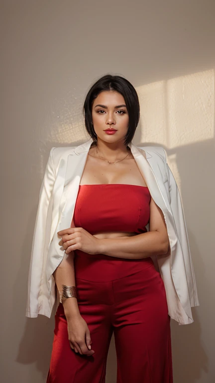 Create the image of a beautiful, elegant, brasileira, (curvy size)) woman with ((shoulder-length short black hair)) and slightly wavy. she is looking at the camera. wears red lipstick, ((mouth closed)). she wears a red blazer and red dress pants. Well-groomed and realistic hands. 32k quality image