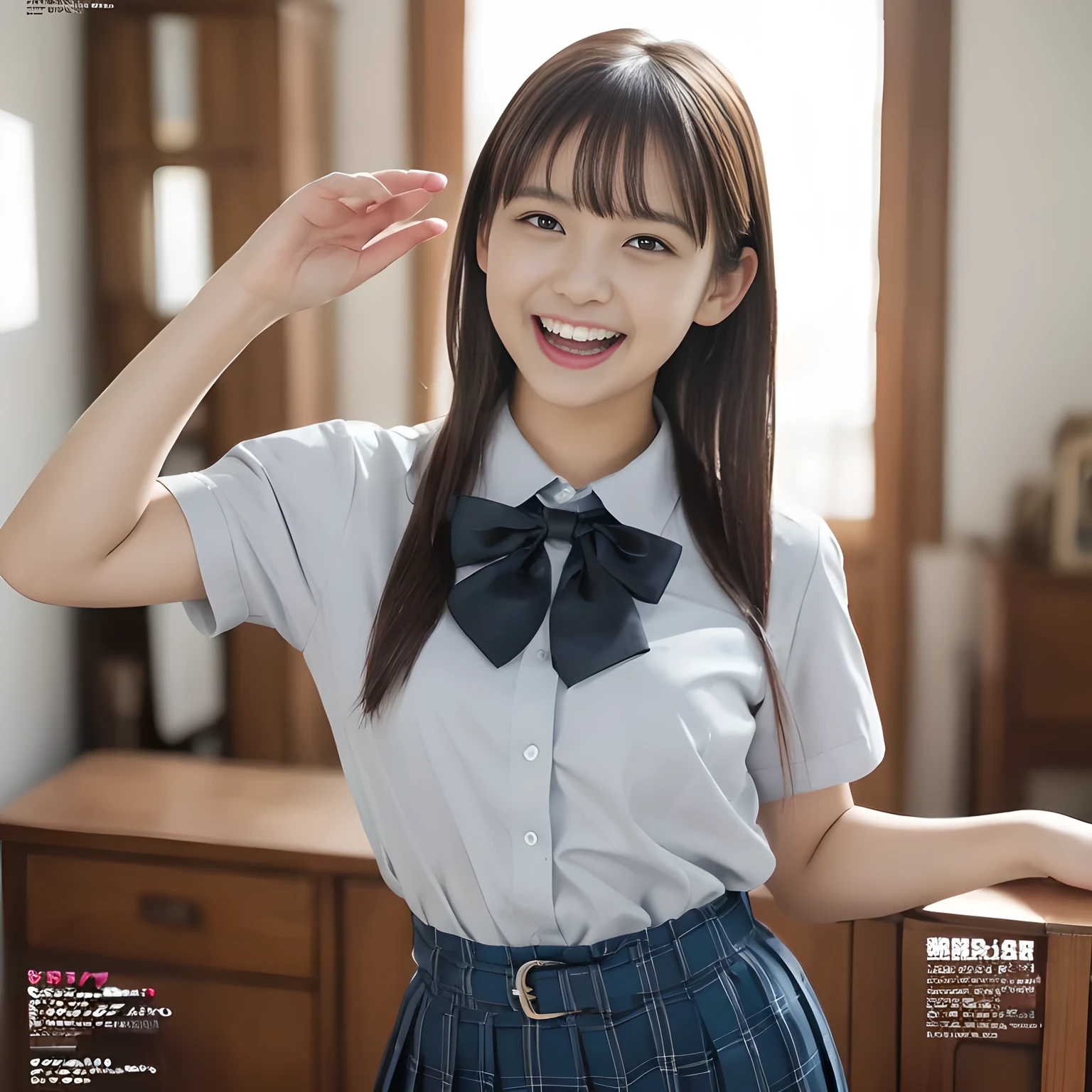 (highest quality、masterpiece:1.2)、highest quality、Realistic、photograph、High resolution、1080p、8K、Physical Rendering、((Height: 155cm)), one Japanese girl、((((((16 year old beautiful Japanese magazine fashion model looking at the viewer)))))), school summer uniform, (((big very detailed beautiful dark brown eyes))), ((((impressive plain navy large school ribbon bow tie in plain)))), ((((black very beautiful and very very long straight straight hair)))), ((((A light gray box-pleated box-pleated skirt)))), ((A yellow ivory colored blouse with puffed short sleeves and frills)), (((((((laughing cutely and looking at me!))))))), detailed fingers, (((curled blunt bangs))), ((Very large and cute eyes, carefully drawn with great attention to detail)), ((double eyelids)), (((long eyelashes))), ((cute lovely lovely laughing laughing cheeks)), ((white、Pure white light hits her face from above and in the front, making her skin and eyes shine beautifully.)), ((Strong light hits the nose and cheeks、It brings out the richness of the expression.)), ((The skirt is very cute)), (((((Her facial features are very expressive lovely smile, very very cute, very very intelligent.))))), (((Shooting from the side)))