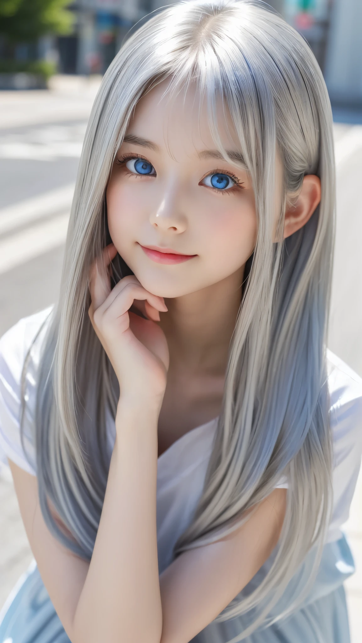 Shining, clear, white skin、Her windblown silver hair hides her beautiful face.、huge、28 years old cute sexy little beautiful face、Beautiful straight hair that stands out、growing up, Sparkling light blue eyes、long silky bangs that cover cute eyes, Sexy and cute young woman with super long hair hiding her sexy face、Shining silver hair