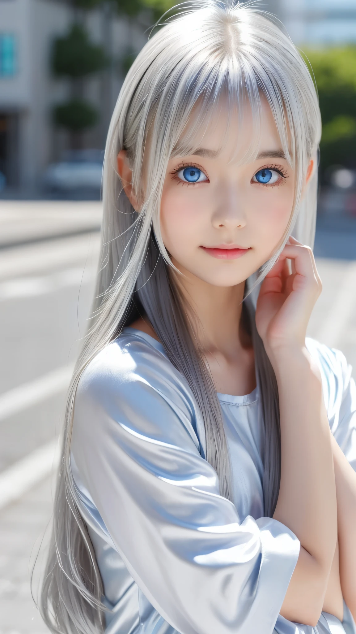 Shining, clear, white skin、Her windblown silver hair hides her beautiful face.、huge、28 years old cute sexy little beautiful face、Beautiful straight hair that stands out、growing up, Sparkling light blue eyes、long silky bangs that cover cute eyes, Sexy and cute young woman with super long hair hiding her sexy face、Shining silver hair