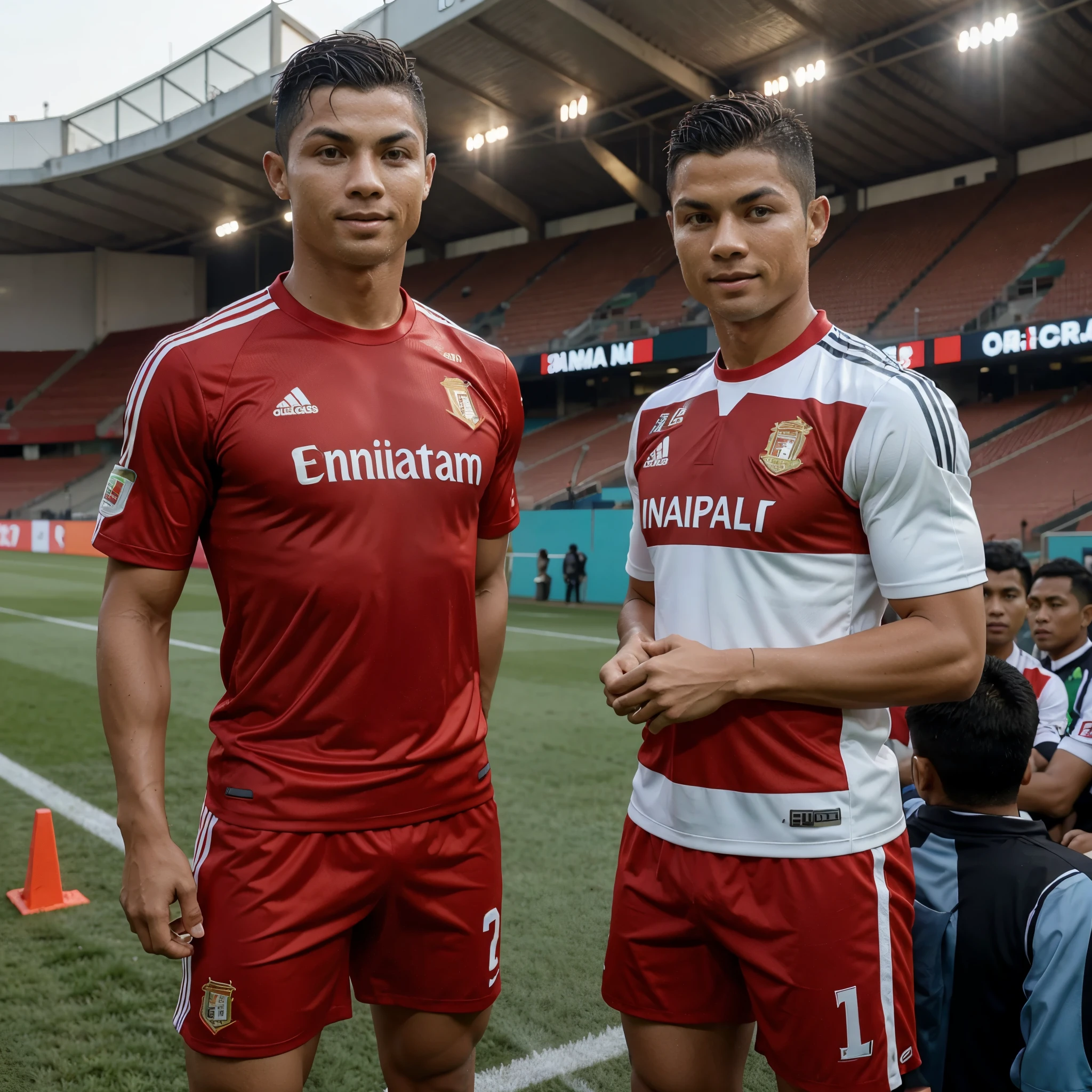 In the photo, Cristiano Ronaldo wearing the Indonesian national team jersey is pictured with a 35-year-old Indonesian man in the football stadium stands and wearing the same shirt.