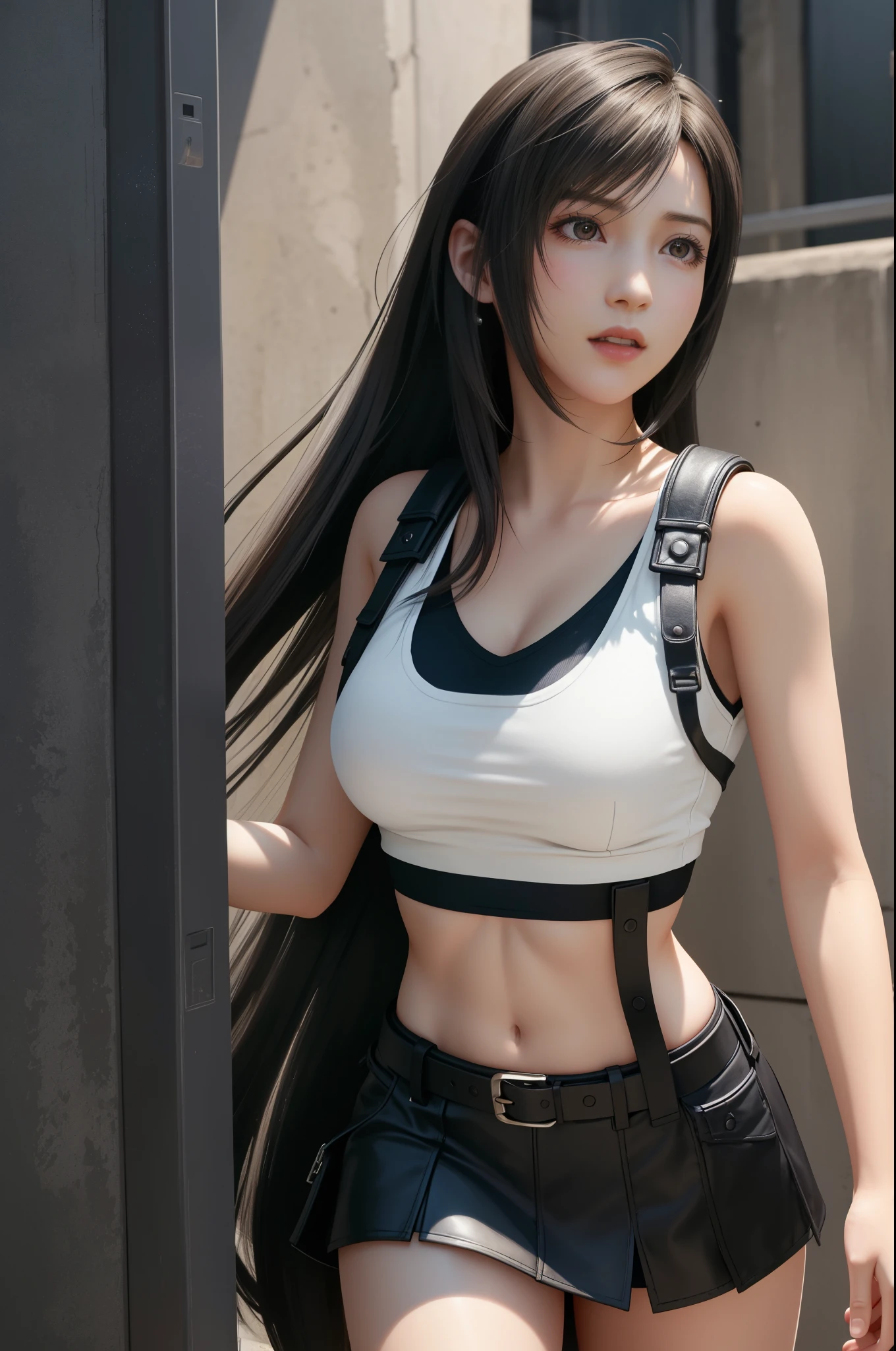 {top quality, masterpiece}, {{{Realistic, photo Realistic}}}, BREAK {{{FF7,Tifa_lockhart,solo}}},{{{A dark, barely lit torture chamber, wet, night}}},(face focus:1.1),  BREAK (((FF7,Tifa_lockhart))),{Light Brown Hair, Large breasts},(Tifa_lockhart uniform:1.3, suspenders, low rise, mini skirt, tank top), torn clothed:1.3.  BREAK (((FF7,Tifa_lockhart))),(crowd of monster:1.3),(many monsters:1.2), wet hair, about 18 years old,sensual, looking away:1.2, monsters attaking:1.3,(Tifa_lockhart,cornered against a wall),(being chased,run away),approaching fear, scream, pain, monsters crowd :1.7