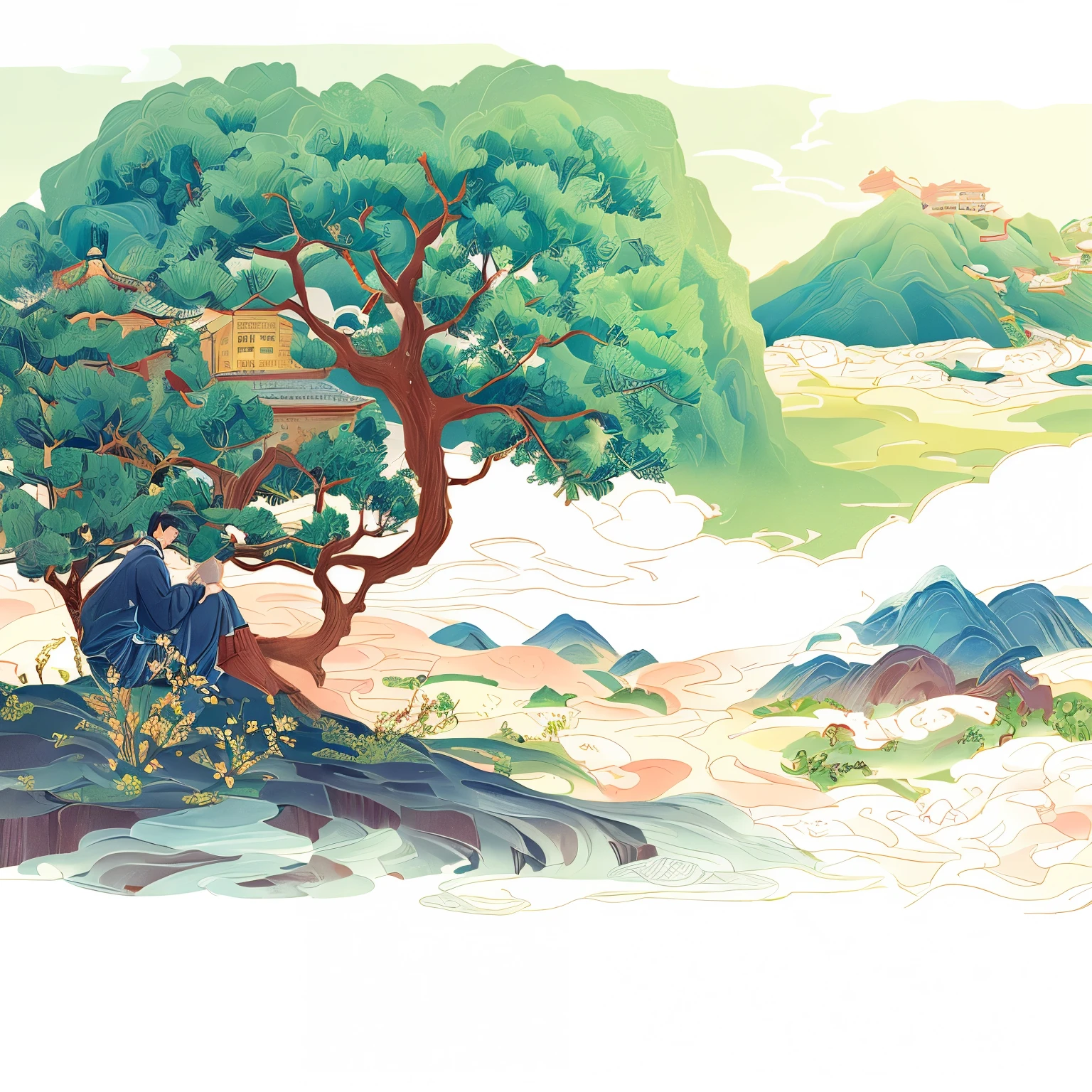 painting of a man Sitting under a tree with a book,  by Pu Hua, A beautiful artistic illustration,Chinese Artists, Ancient Trees, Sitting under a tree,