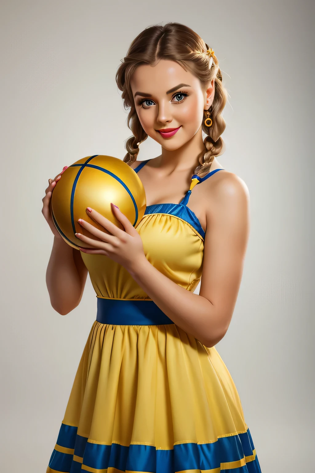 looking at camera adorable laught pin-up young woman holding big ball in hands, sexy traditional ukrainian blue and yellow dress, attractive hair with braid, isolated on light background white background, realistic, 4K, studio light, photo realistic 4k full bodt