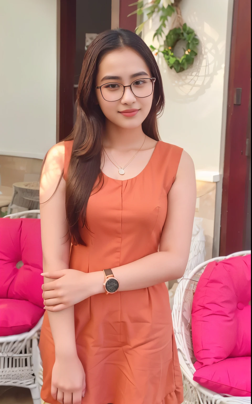 woman in orange dress standing in front of a wicker chair, kyza saleem, she is about 1 , dilraba dilmurat, belle delphine, with glasses on, very very low quality, khyzyl saleem, very very low quality picture, 19-year-old girl, very low quality