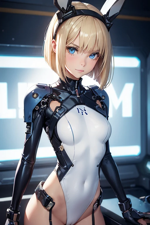 (((n.s.f.w:1.5))),((1girl in:1.5)),(cybernetic body:1.3),(Highest image quality, excellent details, Ultra-high resolution, (Realism: 1.4), The best illustrations, favor details, One girl highly condensed,(presence:1.5),(Dynamic:1.5),(Bold:1.5)),(Thin hair:1.8),(blonde bob hair:1.5),((blue eye:1.2)),(smile:1.2) ,(mechanical bunny ears headband:1.3),headphones, white highleg latex leotard, (cowboy shot),