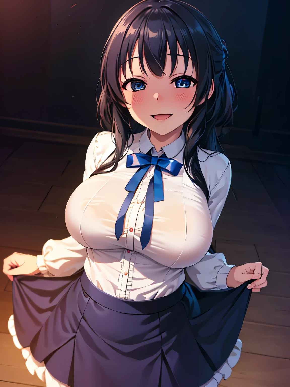 (8k, highest quality, masterpiece:1.2),High quality CG Unity 8k Large file size,Very detailed,High resolution,Beautiful Eyes,Ray Tracing,Hyper Detail,(1 girl), anime, Perfect body, 

asaka karin, white shirt, blue ribbon, black skirt, 
huge breast, 

smile, blush, Being drunk, 
Background, 