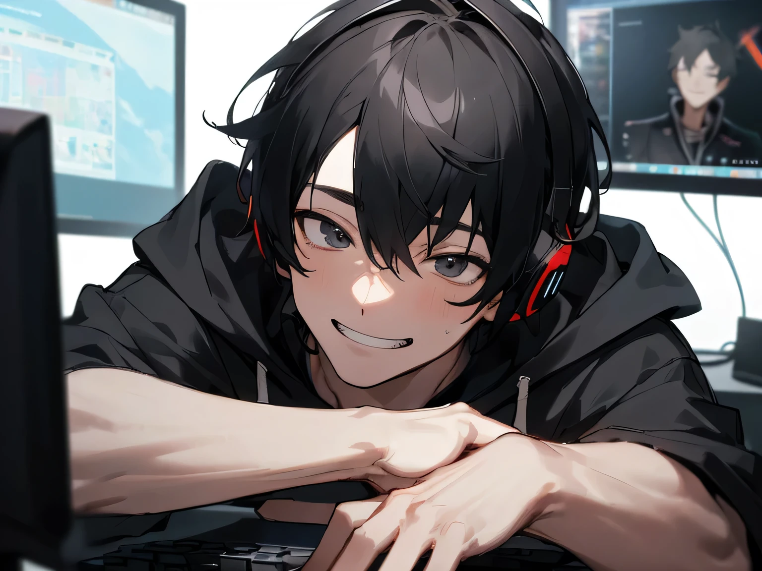 masterpiece,male、Adult,３０age,one person,,(Face close-up),Mashed black hair、hoodie,Headphones on neck,Grin,sit in front of the computer and play games, Esports Room