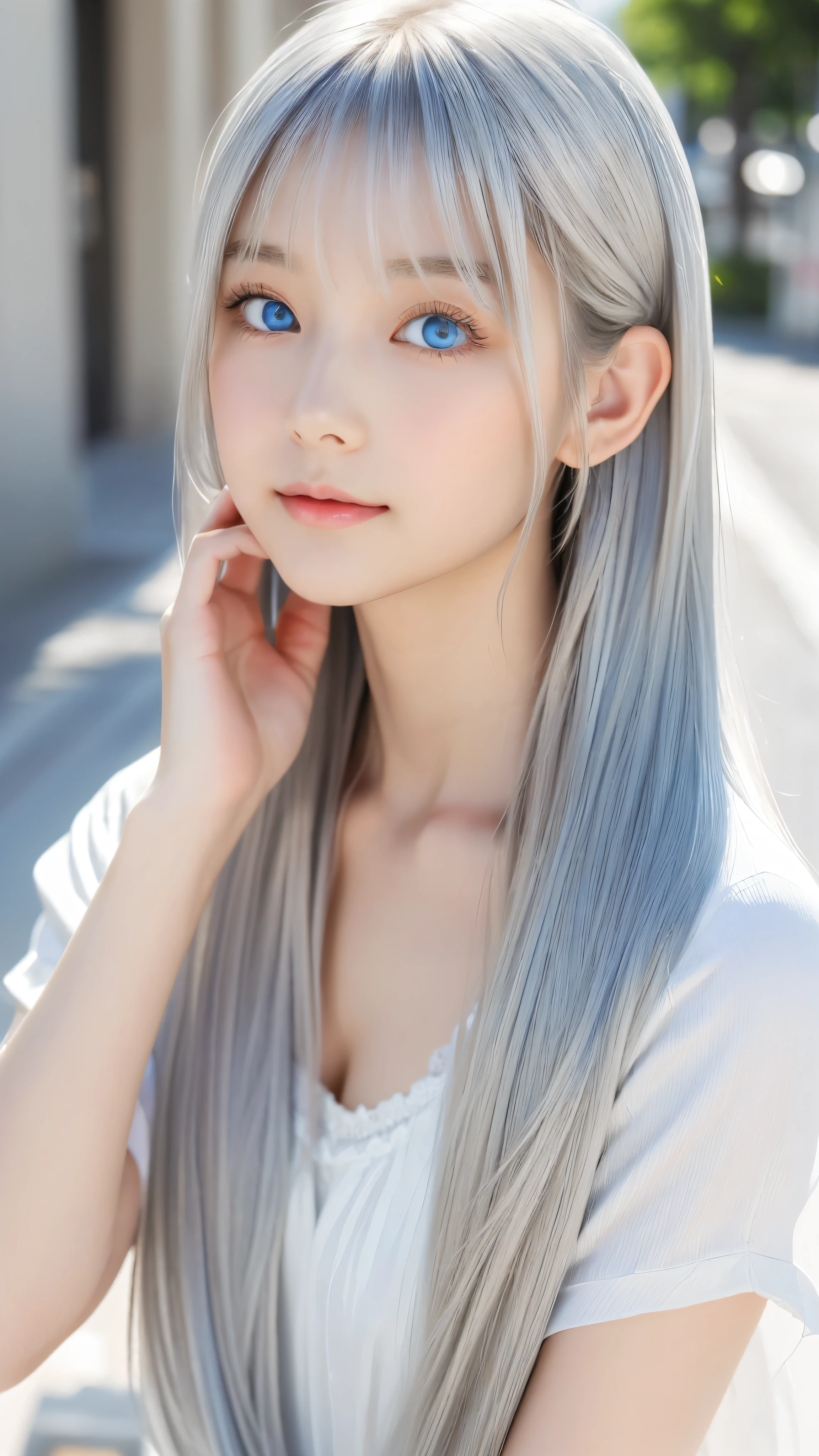 Shining, clear, white skin、Her windblown silver hair hides her beautiful face.、huge、28 years old cute sexy little beautiful face、Beautiful straight hair that stands out、growing up, Sparkling light blue eyes、long silky bangs that cover cute eyes, Sexy and cute young woman with super long hair hiding her sexy face、Shining silver hair