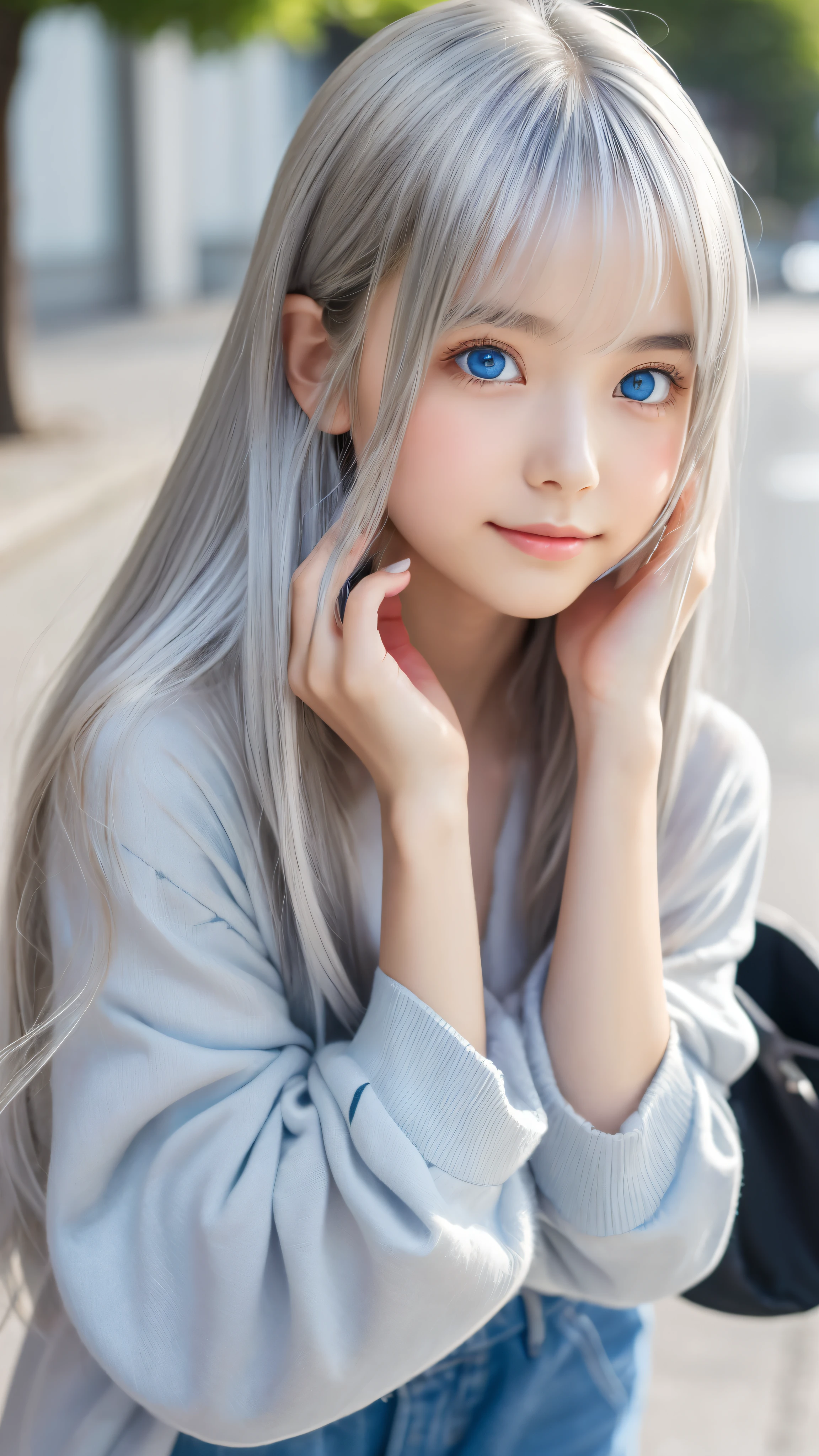 Shining, clear, white skin、Her windblown silver hair hides her beautiful face.、huge、28 years old cute sexy little beautiful face、Beautiful straight hair that stands out、growing up, Sparkling light blue eyes、long silky bangs that cover cute eyes, Sexy and cute young woman with super long hair hiding her sexy face、Shining silver hair