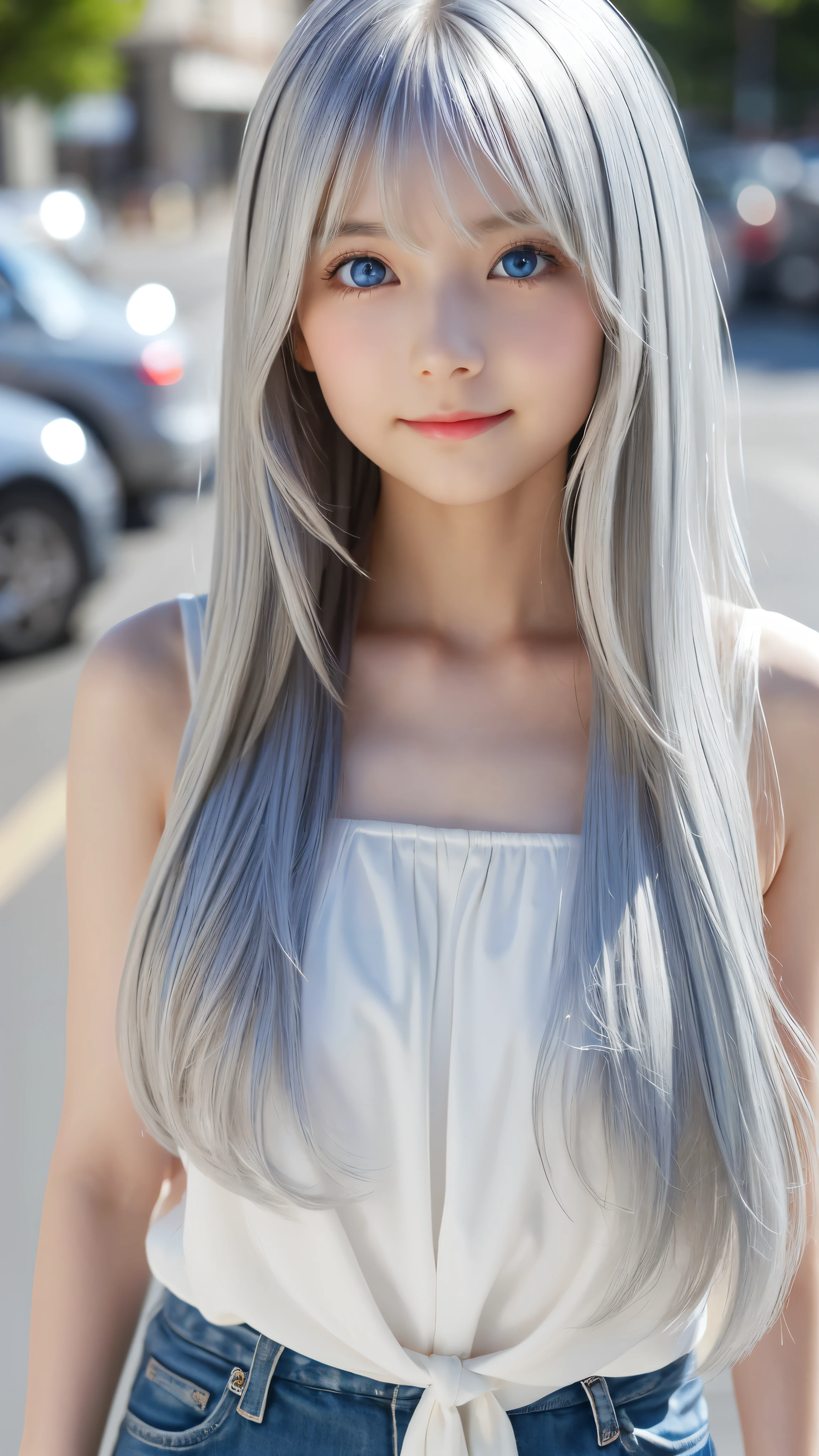 Shining, clear, white skin、Her windblown silver hair hides her beautiful face.、huge、28 years old cute sexy little beautiful face、Beautiful straight hair that stands out、growing up, Sparkling light blue eyes、long silky bangs that cover cute eyes, Sexy and cute young woman with super long hair hiding her sexy face、Shining silver hair