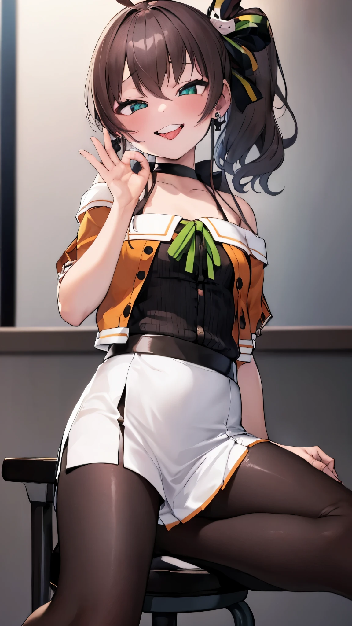  ((((Open your mouth))))、masterpiece,highest quality,High resolution,Ultra-detailed,bb Festival,meだium hair,skinny,Ahoge,Brown Hair,(((((  seductive smile ))))),skinny,Hair between the eyes,bangs,Hair Ribbon,Black Choker,Earrings,Black Ribbon,plaiだ shirt,Grey Shirt,shoulだer cutout,Short sleeve,See-through sleeves,Black Skirt,High Waist Skirt,race, perfect finger  ,  shoes下,(black shoes下:1.4),race trim,shoes,Black footwear,Indoors,(Cafe:1.2),((handjob gesture:1.5))、Sitting,Chair,heavy breathing ,Hand in front of your mouth,Catch it with your hands,