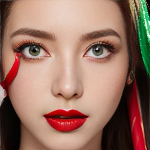 a close up of a woman with red lipstick and a candy cane, red contacts, red contact lenses, wide golden eyes and red lips, faint red lips, red and green tones, ((red)) baggy eyes, light-red lips, green and red tones, perfect face ), big eyes and lips, red lipstick on face, amouranth, close up face