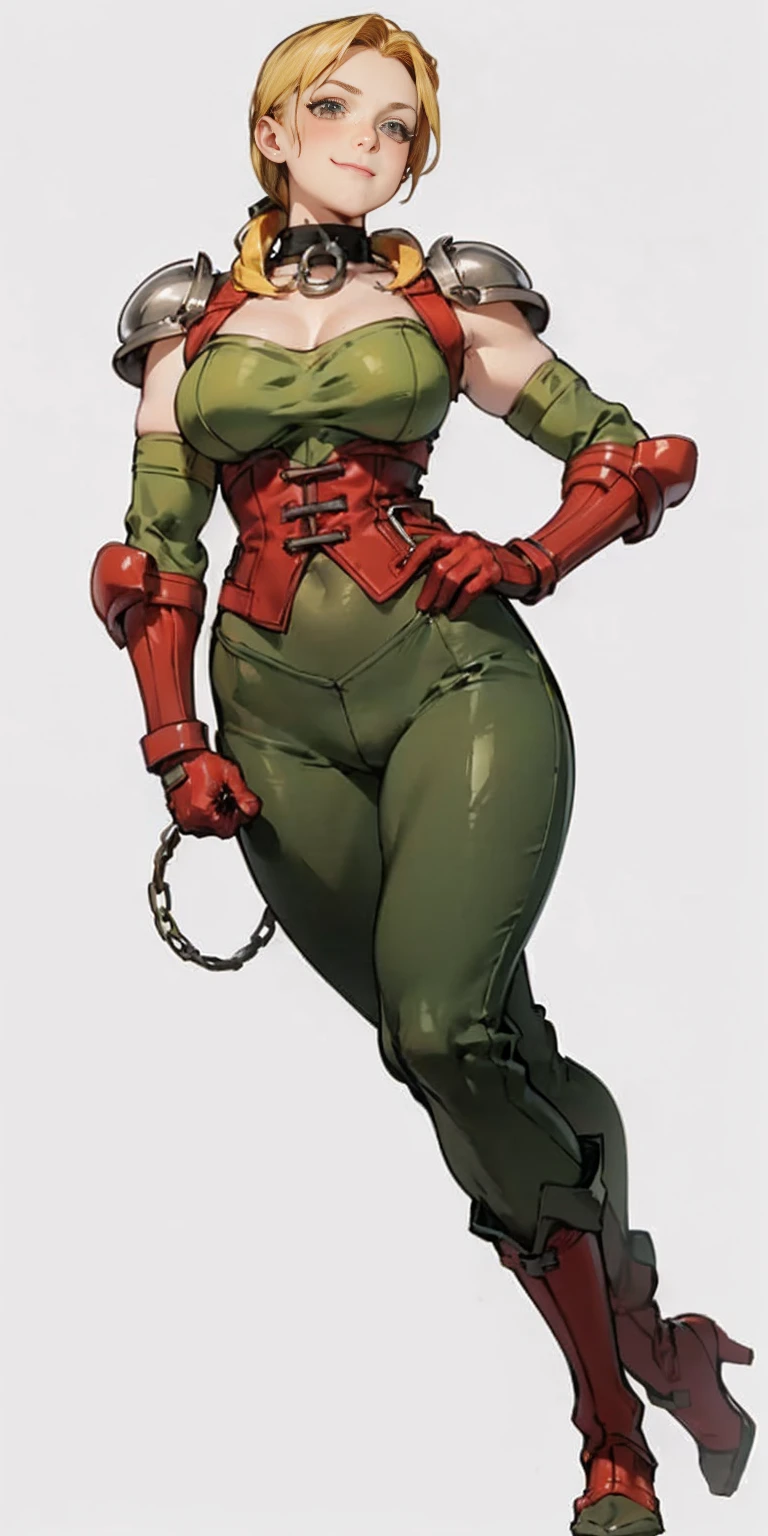 burly woman, exaggerated large muscles, skinny pants, high-heels, standing on your feet, beautiful attractive face, full body like, single female, very fair skin, thin waist, ((Plain background 1:2)) (Cammy White Street Fighter 6) Female full body standing straight symmetrical, (breastplate, choker, bracers, handcuffs, shackles, rerebrace, armored, high boots bootstraps, shoulder armor, faulds, poleyn, gloves, gauntlets), lustful smirking smile face red blushed red cheeks, (hands (clenching) on hips), loincloth, pinched eyes, (big-:1.5) thin legs, thin body, leather collar, view from below, wide hips