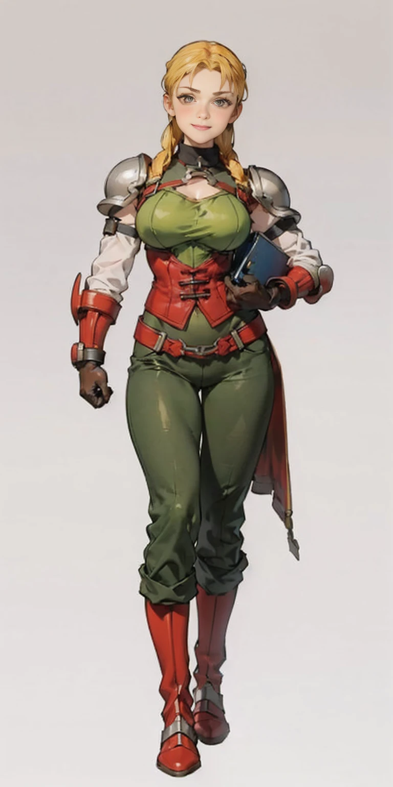 burly woman, exaggerated large muscles, skinny pants, high-heels, standing on your feet, beautiful attractive face, full body like, single female, very fair skin, thin waist, ((Plain background 1:2)) (Cammy White Street Fighter 6) Female full body standing straight symmetrical, (breastplate, choker, bracers, handcuffs, shackles, rerebrace, armored, high boots bootstraps, shoulder armor, faulds, poleyn, gloves, gauntlets), lustful smirking smile face red blushed red cheeks, (hands (clenching) on hips), loincloth, pinched eyes, (big-:1.5) thin legs, thin body, leather collar, view from below, wide hips
