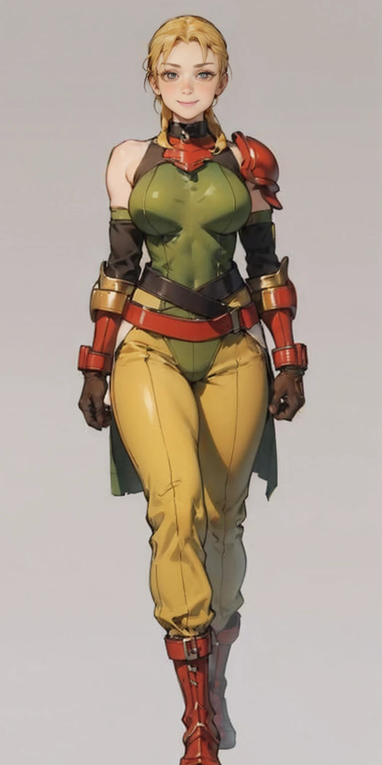 burly woman, exaggerated large muscles, skinny pants, high-heels, standing on your feet, beautiful attractive face, full body like, single female, very fair skin, thin waist, ((Plain background 1:2)) (Cammy White Street Fighter 6) Female full body standing straight symmetrical, (breastplate, choker, bracers, handcuffs, shackles, rerebrace, armored, high boots bootstraps, shoulder armor, faulds, poleyn, gloves, gauntlets), lustful smirking smile face red blushed red cheeks, (hands (clenching) on hips), loincloth, pinched eyes, (big-:1.5) thin legs, thin body, leather collar, view from below, wide hips