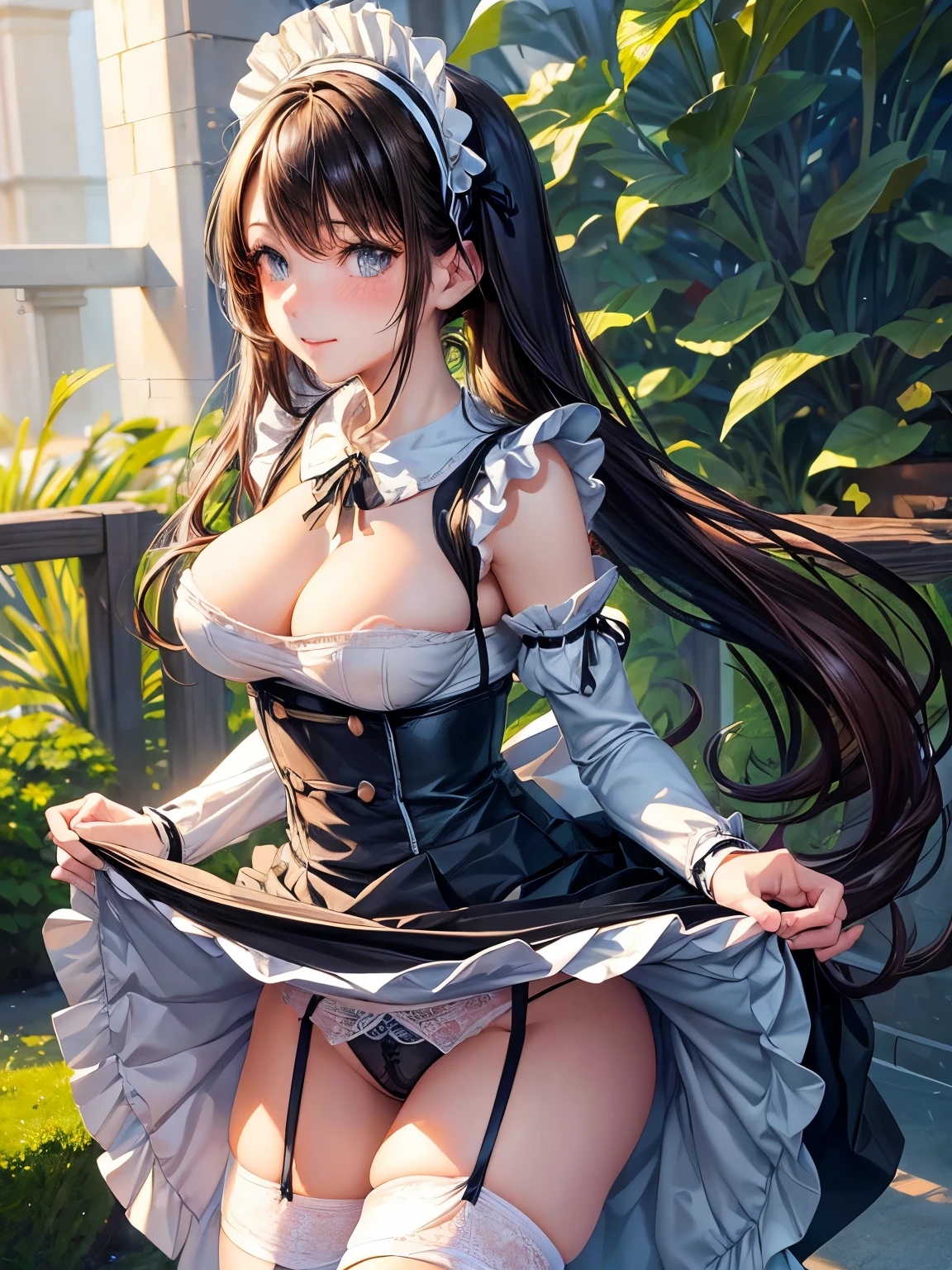 ((highest quality, High resolution, Perfect Pixel, 4K))), 1 female, Beautiful woman、I could see the whole body、apartment、 ((Twin tails, bangs, Brown Hair)), ((Brown eyes, Beautiful eyelashes, Realistic eyes)), ((Detailed face, blush:1.2))、((Smooth texture:0.75, Realistic texture:0.65, Realistic:1.1, Anime CG Style)), Beautiful Anime Women, Beautiful art style, Anime characters,Beautiful and big breasts, Perfect body, Slender body, Beautiful thighs, (Erect nipples:0.95), )((black and white maid outfit、ribbon on collar、Long skirt、garter belt、Knee socks)), Embarrassed smile、Kneel with your knees closed、(Skirt flip:1.2), ((Stylish white satin lace panties:1.3), (White base with black lace panties)), diagonal side angle, Dynamic Angle, Sexy pose、Perfect Anatomy, Exact number of arms, Exact number of hands
