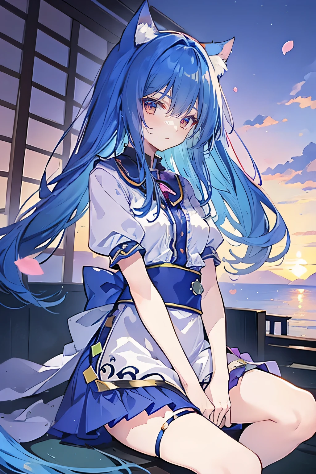 (masterpiece:1.2),Super detailed,Practical,expressive eyes,Fair skin,Perfect face shaping,1 Girl,
Japanese cartoons,Gorgeous blue hair, the long flowing blue hair,Floating clothes,Cat ears,Petals falling,beautiful lola,Young Angel,
Hands on waist,sit elegantly on the ground,Cross your legs,Gentle and peaceful background,Cool and cozy pavilion,Sunset,