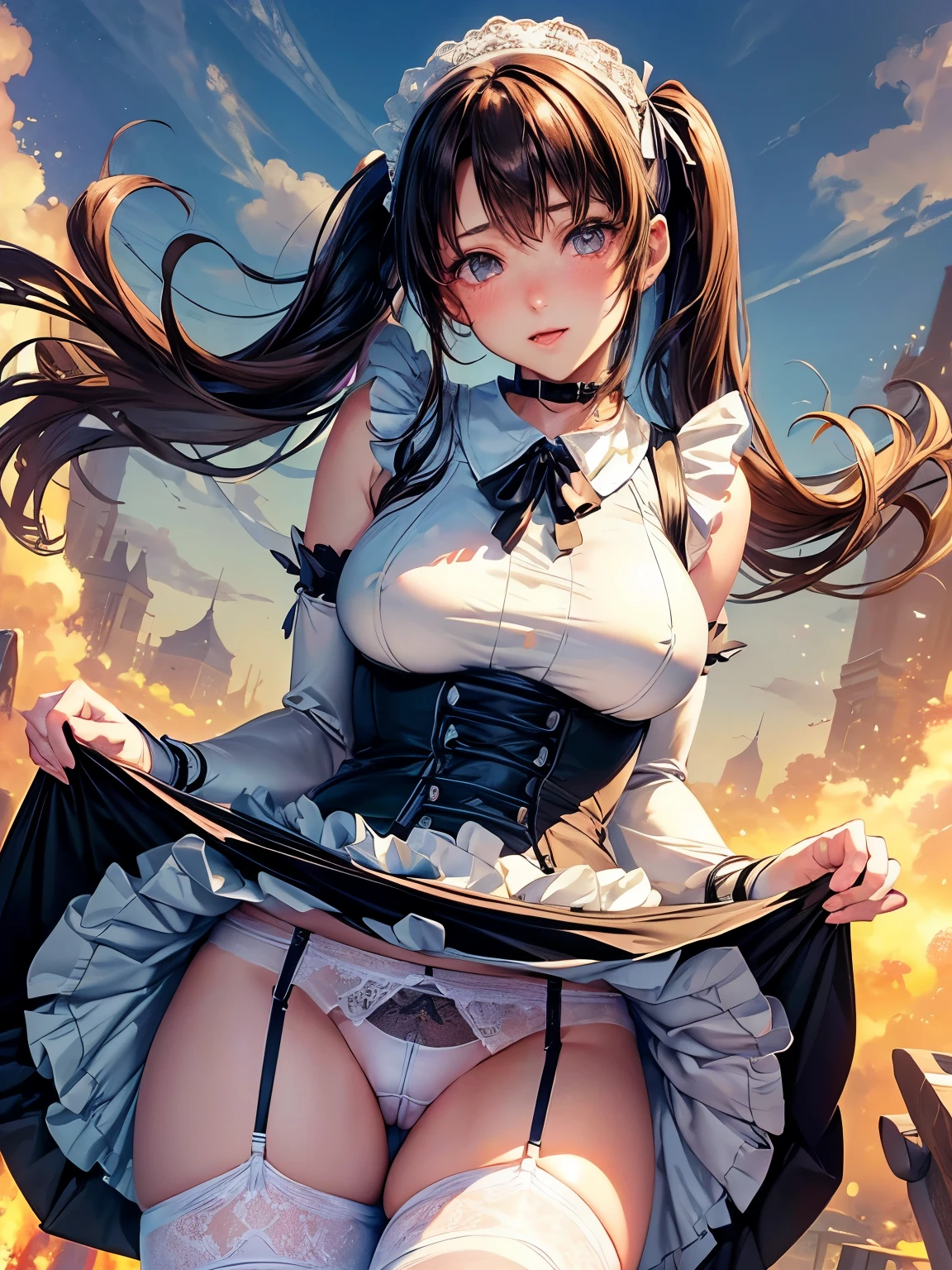 ((highest quality, High resolution, Perfect Pixel, 4K))), 1 female, Beautiful woman、I could see the whole body、apartment、 ((Twin tails, bangs, Brown Hair)), ((Brown eyes, Beautiful eyelashes, Realistic eyes)), ((Detailed face, blush:1.2))、((Smooth texture:0.75, Realistic texture:0.65, Realistic:1.1, Anime CG Style)), Beautiful Anime Women, Beautiful art style, Anime characters,Beautiful and big breasts, Perfect body, Slender body, Beautiful thighs, (Erect nipples:0.95), )((black and white maid outfit、ribbon on collar、Long skirt、garter belt、Knee socks)), Embarrassed smile、Kneel with your knees closed、(Skirt flip:1.2), ((Stylish white satin lace panties:1.3), (White base with black lace panties)), diagonal side angle, Dynamic Angle, Sexy pose、Perfect Anatomy, Exact number of arms, Exact number of hands