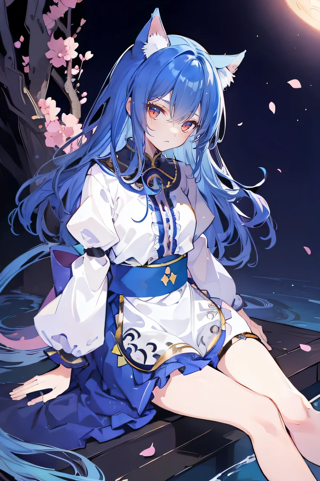 (masterpiece:1.2),Super detailed,Practical,expressive eyes,Fair skin,Perfect face shaping,1 Girl,
Japanese cartoons,Gorgeous blue hair, the long flowing blue hair,Floating clothes,Cat ears,Petals falling,beautiful lola,Young Angel,
Hands on waist,sit elegantly on the ground,Cross your legs,Gentle and peaceful background,Cool and cozy pavilion,Sunset,